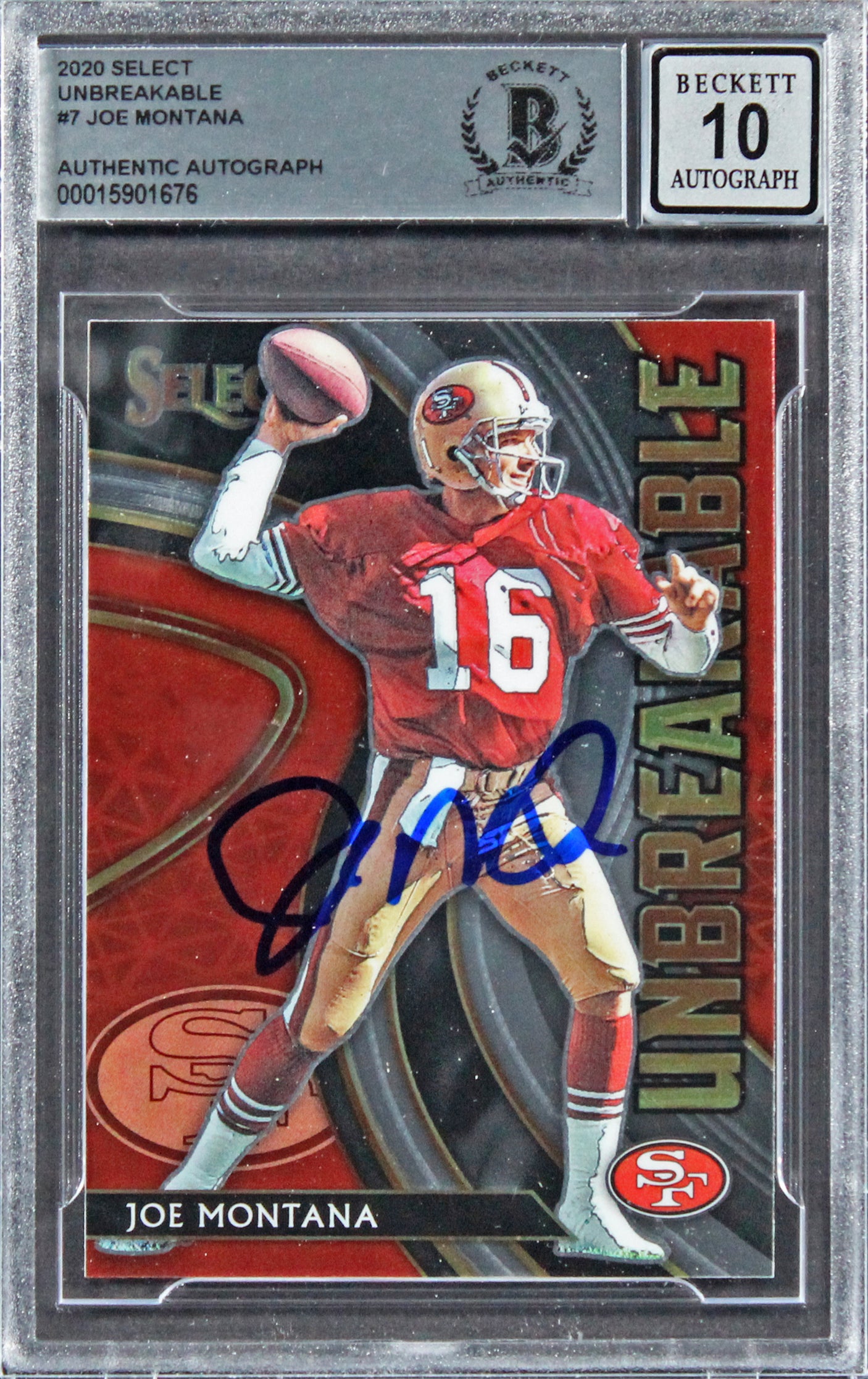 49ers Joe Montana Signed 2020 Select Unbreakable #7 Card Auto 10! BAS Slabbed