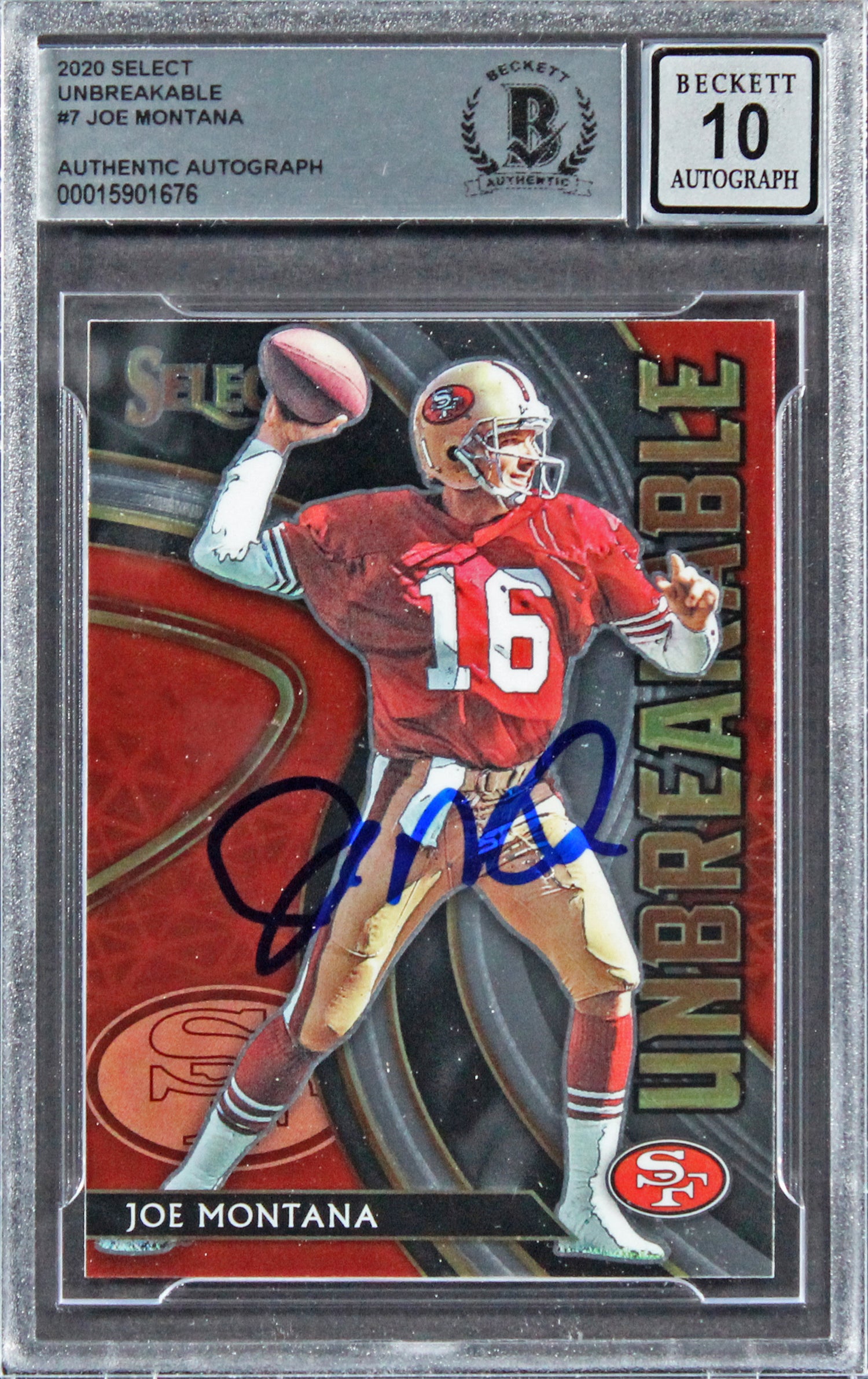 49ers Joe Montana Signed 2020 Select Unbreakable #7 Card Auto 10! BAS Slabbed