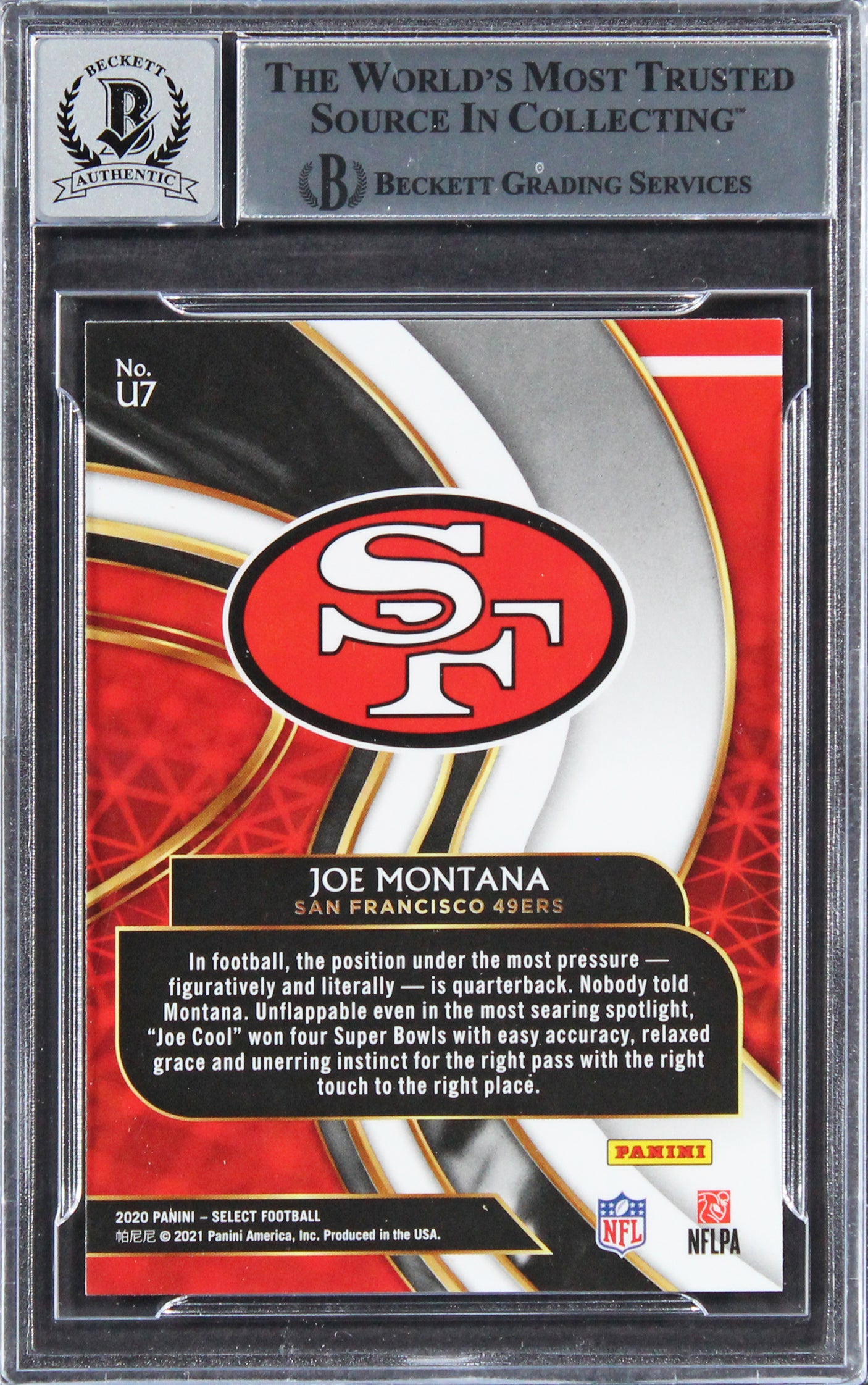 49ers Joe Montana Signed 2020 Select Unbreakable #7 Card Auto 10! BAS Slabbed