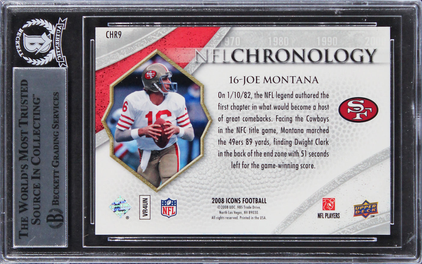 49ers Joe Montana Signed 2008 UD Icons NFL CS #CHR9 #320/750 Card BAS Slabbed