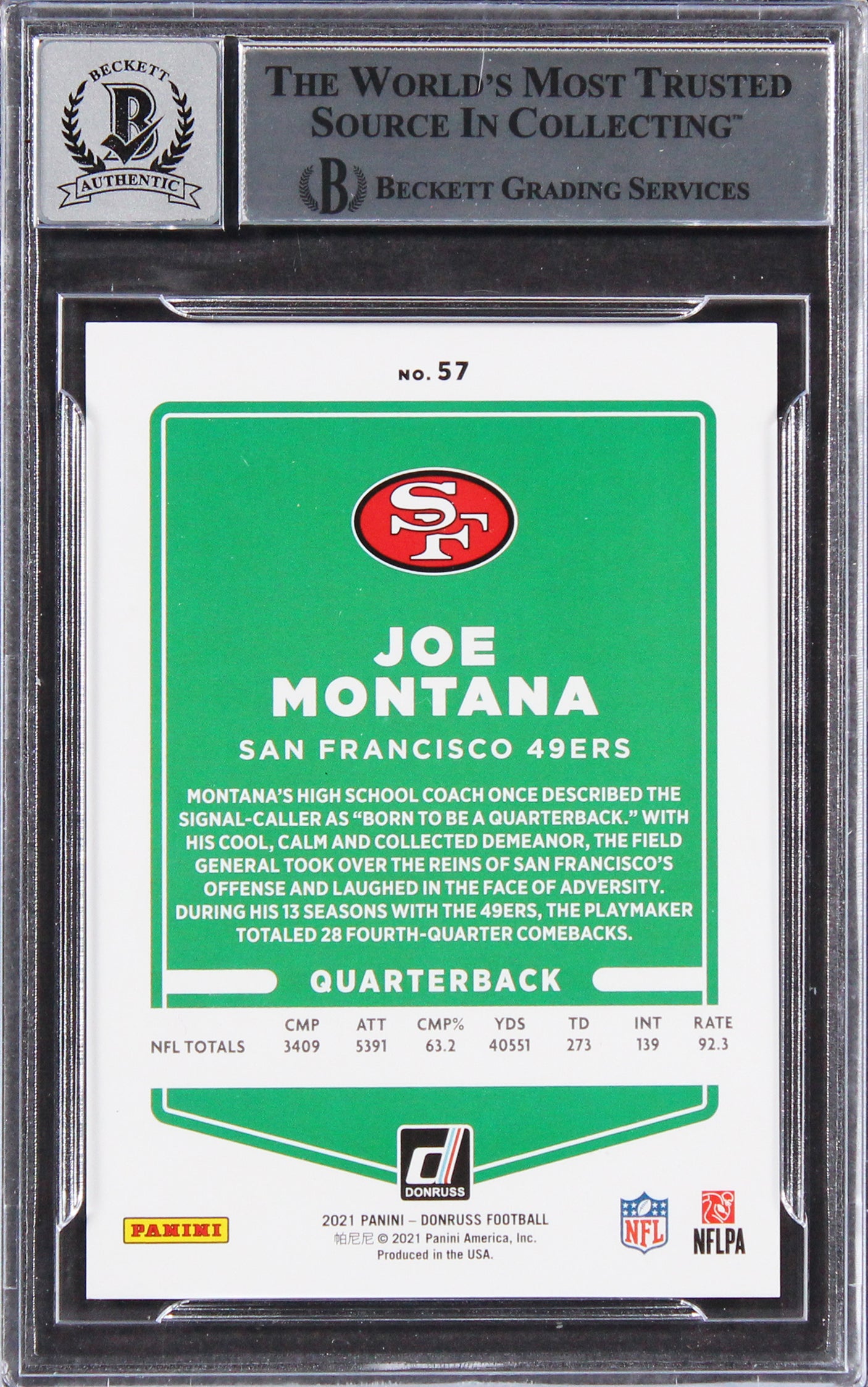 49ers Joe Montana Signed 2021 Donruss PPS #57B #55/100 Card Auto 10! BAS Slabbed