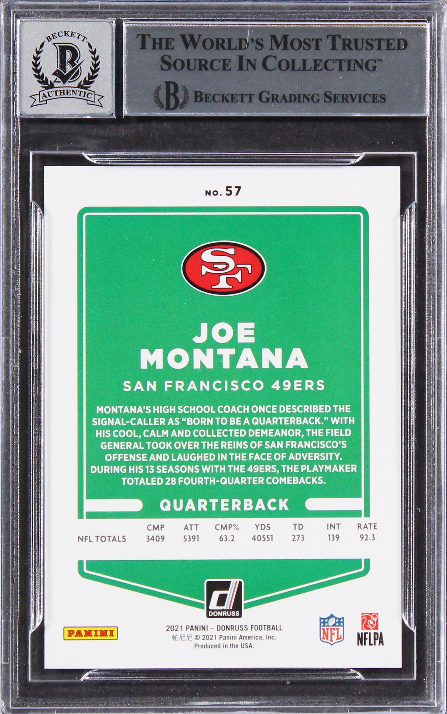 49ers Joe Montana Signed 2021 Donruss PPS #57B #55/100 Card Auto 10! BAS Slabbed