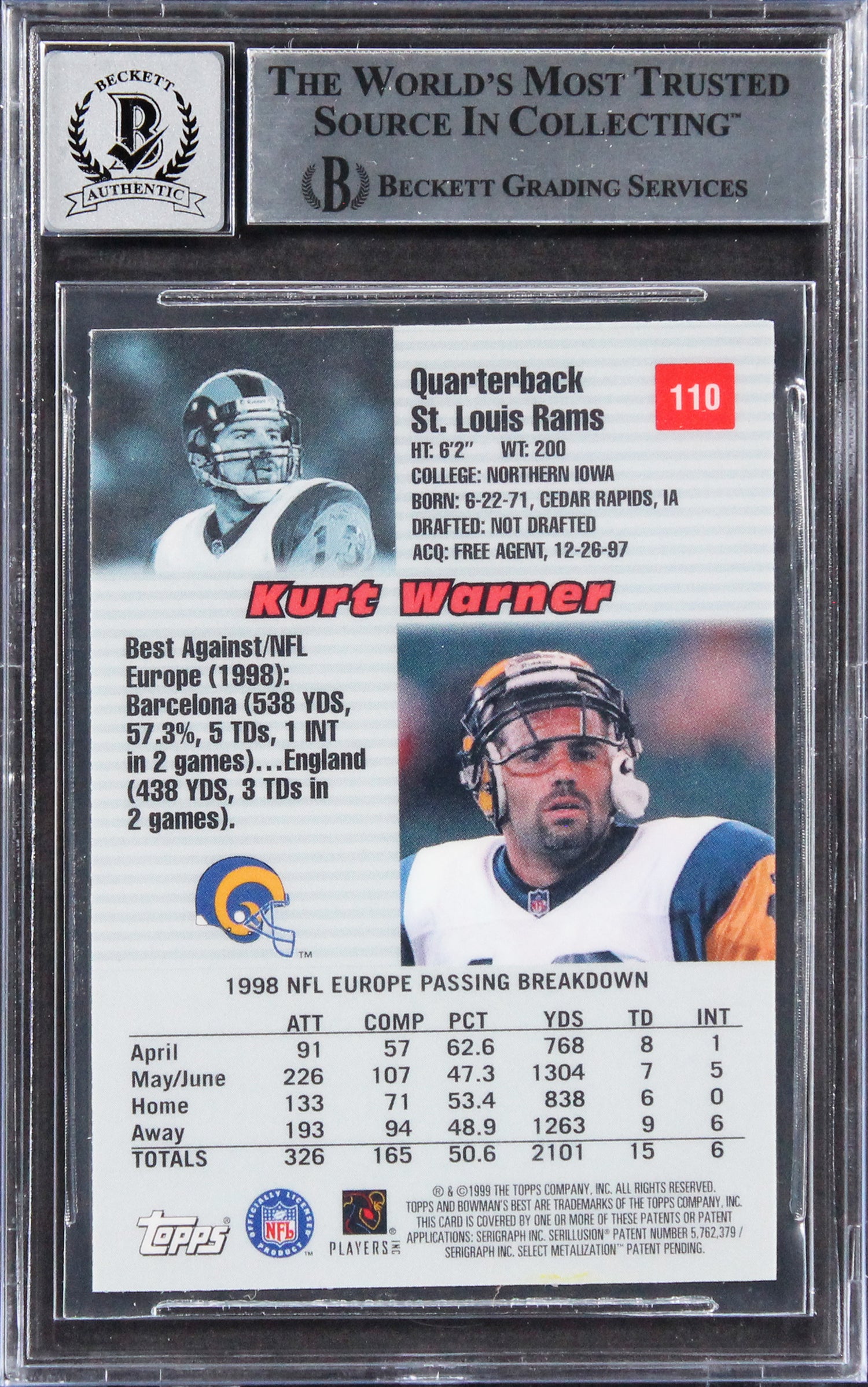 Rams Kurt Warner HOF 17 Signed 1999 Bowman's Best #110 RC Card Auto 10! BAS Slab