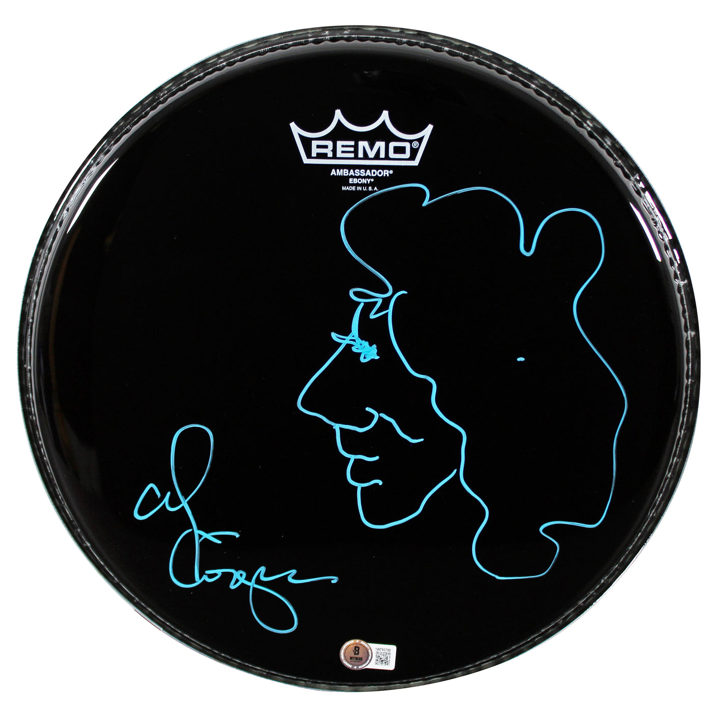 Alice Cooper Signed 13 Inch Drum Head w/ Self Portrait Sketch BAS Witnessed