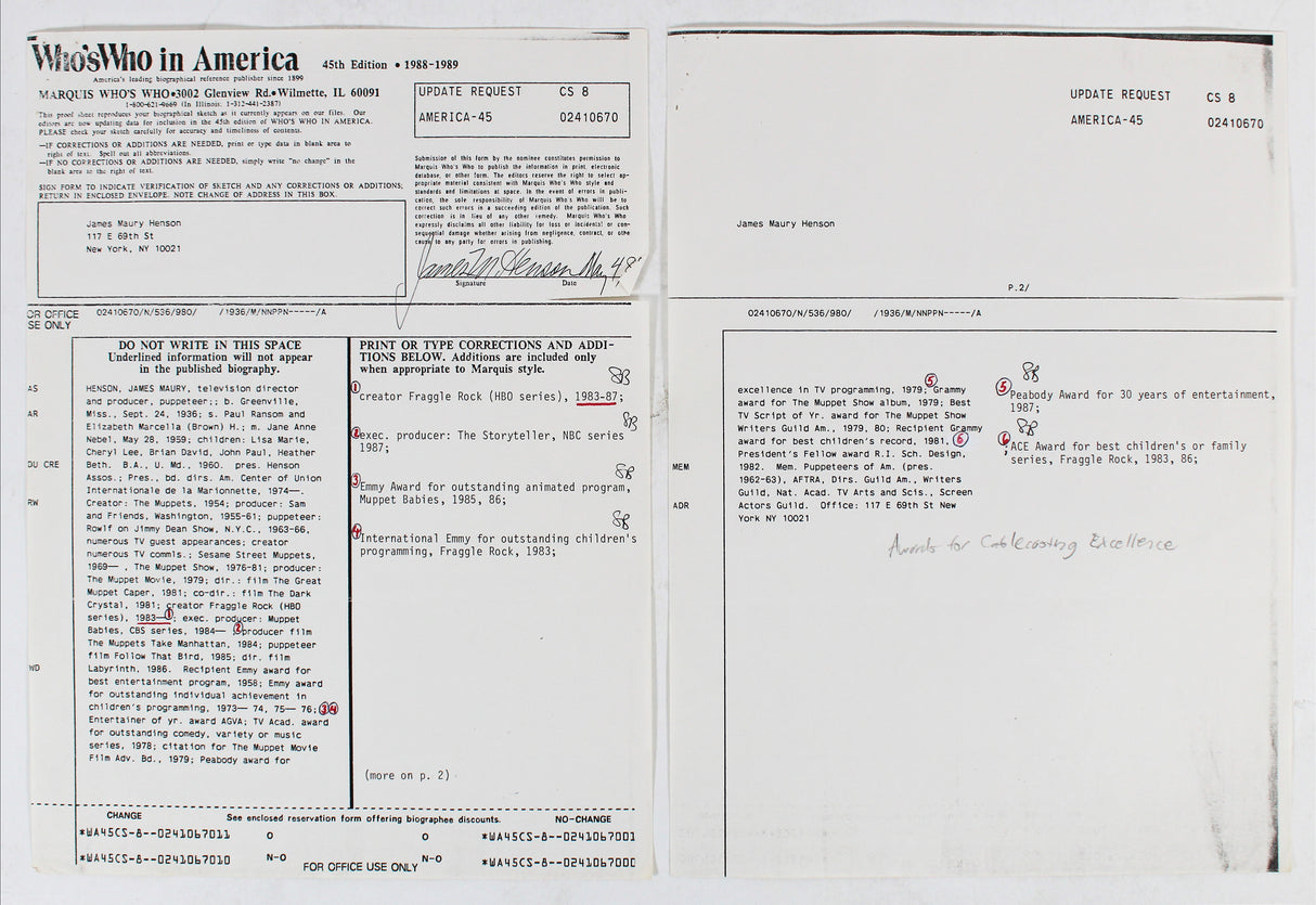 Jim Henson The Muppets Signed 8.5x11 Reference Sheet Document BAS #AB31378
