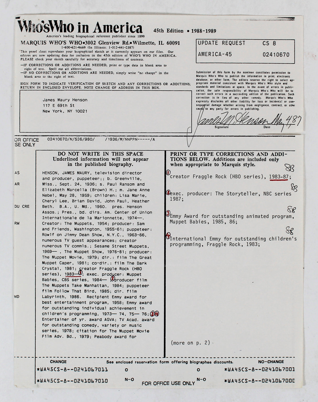 Jim Henson The Muppets Signed 8.5x11 Reference Sheet Document BAS #AB31378