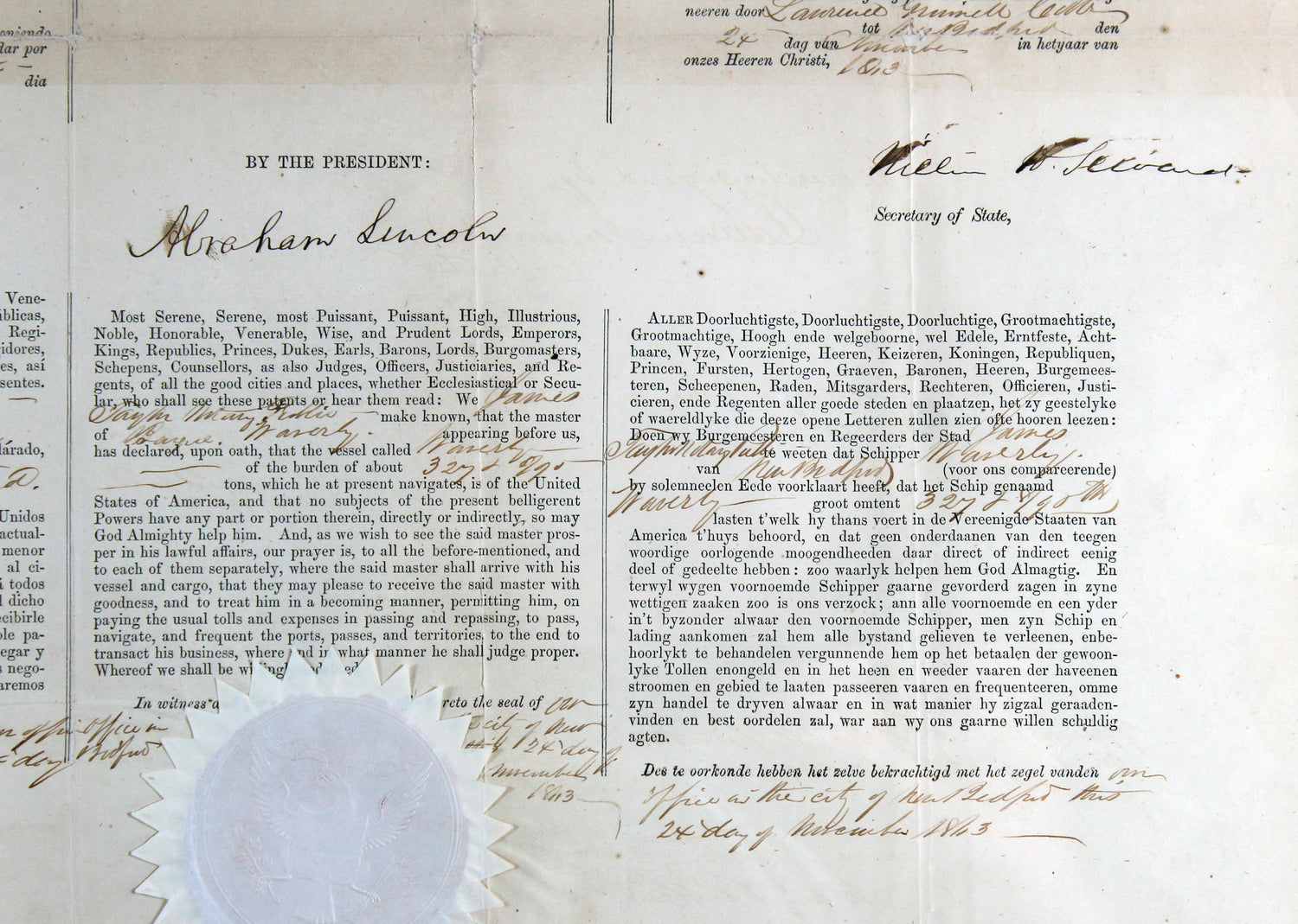 Abraham Lincoln Signed & Framed Four Language Ship's Passport Document BAS