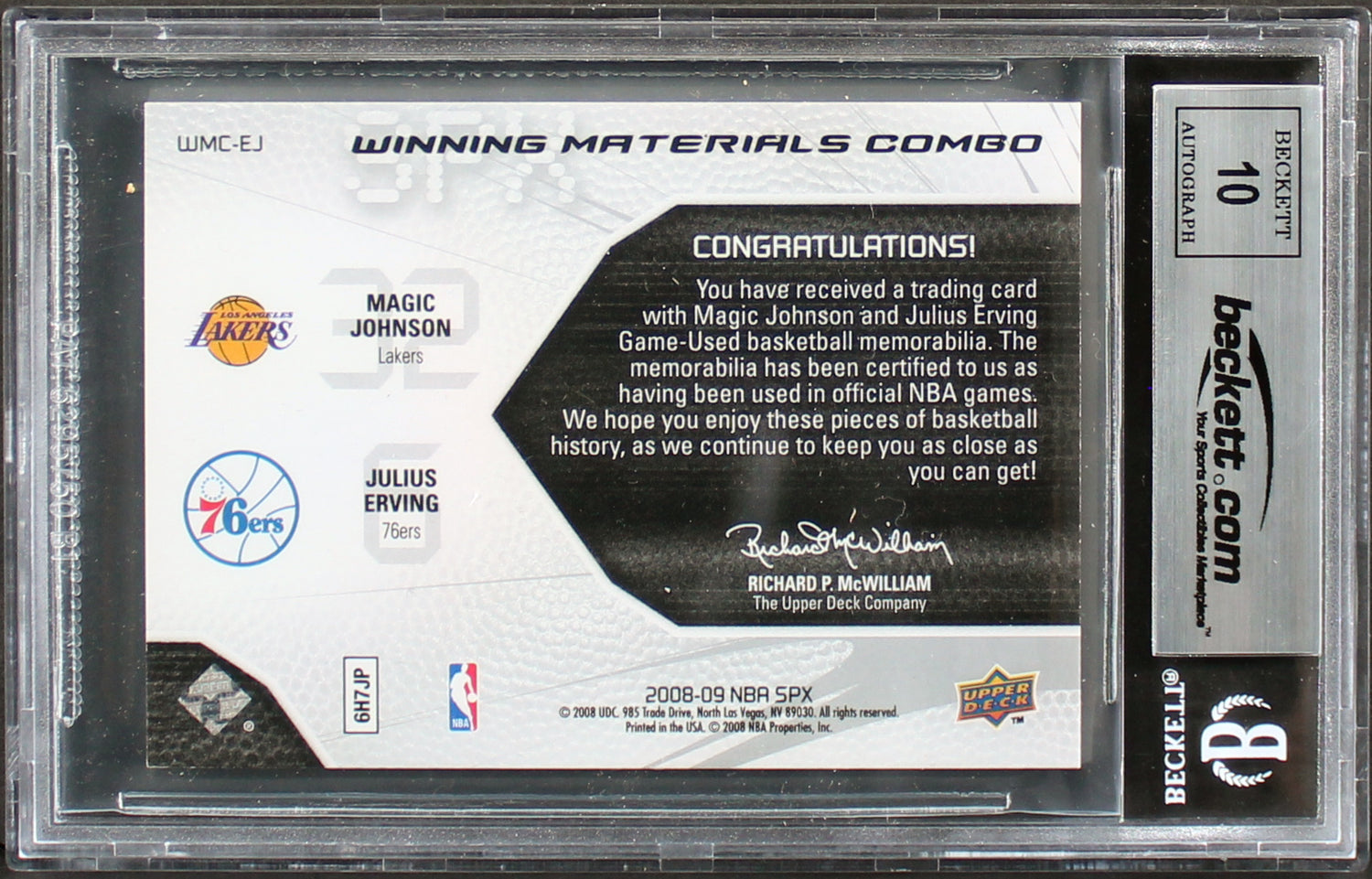 Magic Johnson & Julius Dr.J Erving Signed 2008 SPX #WMCEJ Card Auto 10 BAS Slab