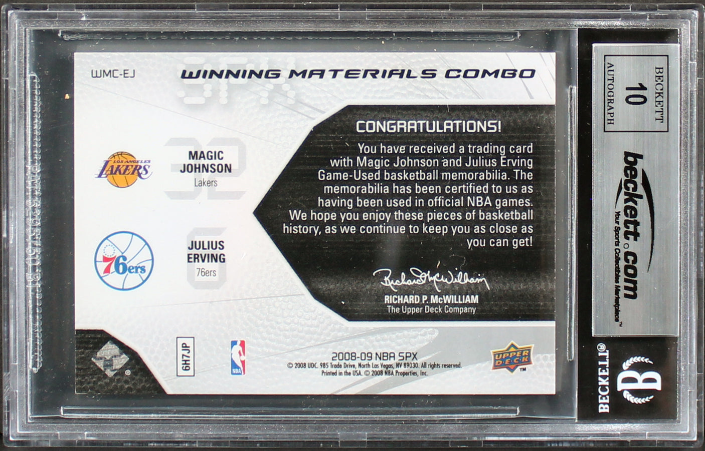 Magic Johnson & Julius Dr.J Erving Signed 2008 SPX #WMCEJ Card Auto 10 BAS Slab