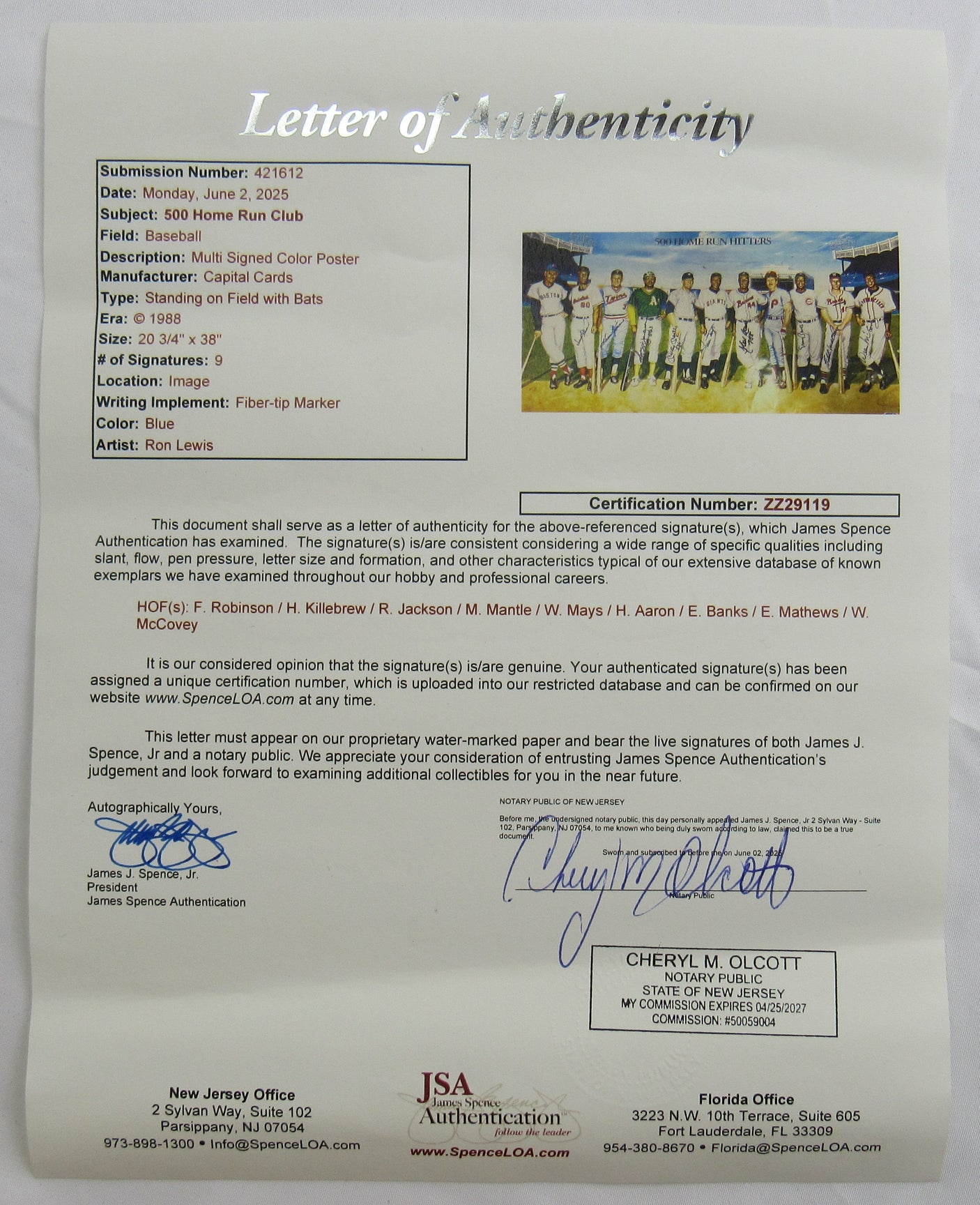 500 Home Run Club Signed Poster JSA LOA ZZ29119 - Mickey Mantle + 8 Others.