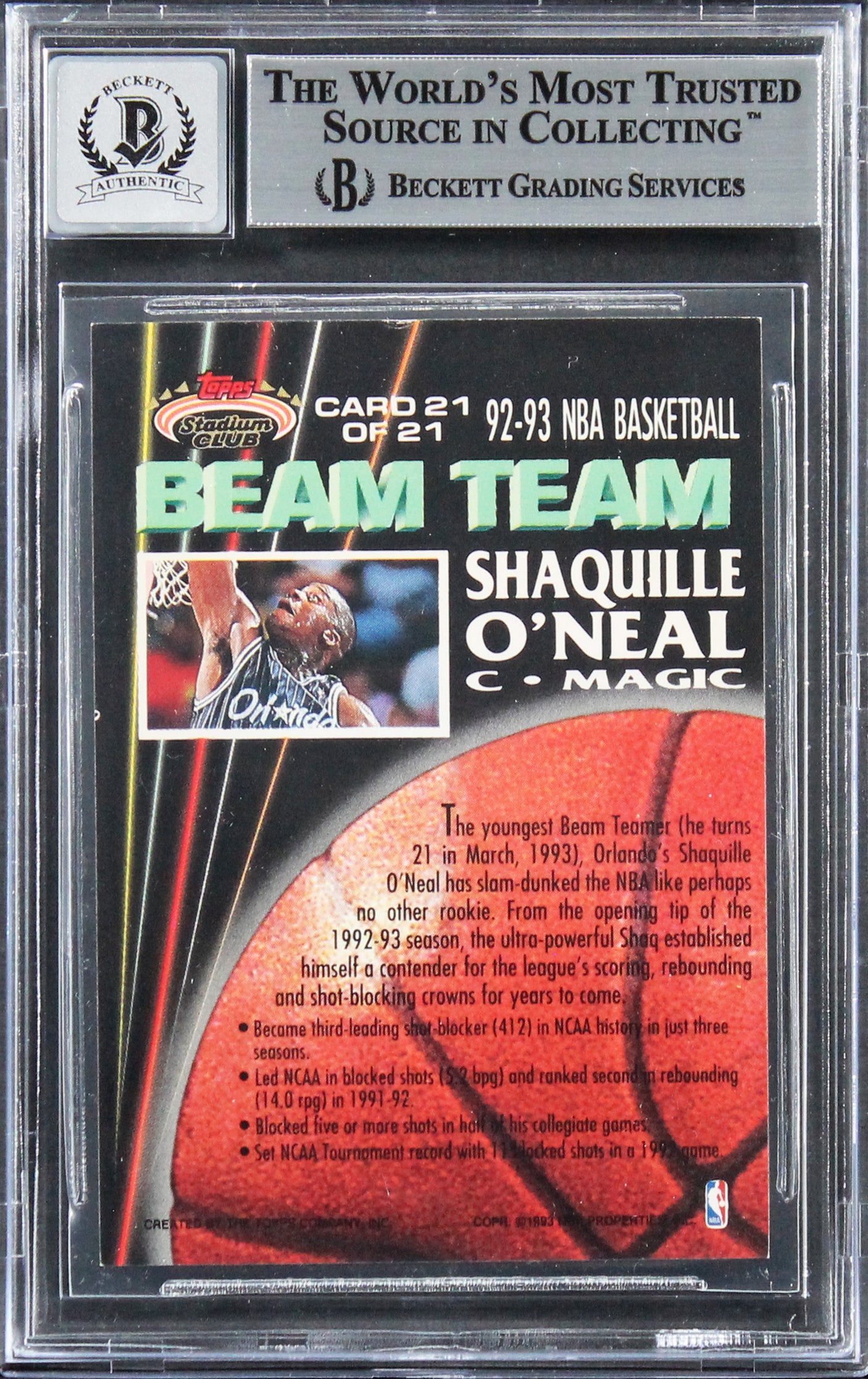 Shaquille O'Neal Signed 1992 Stadium Club Beam Team RC Auto Grade 10 BAS Slab 5