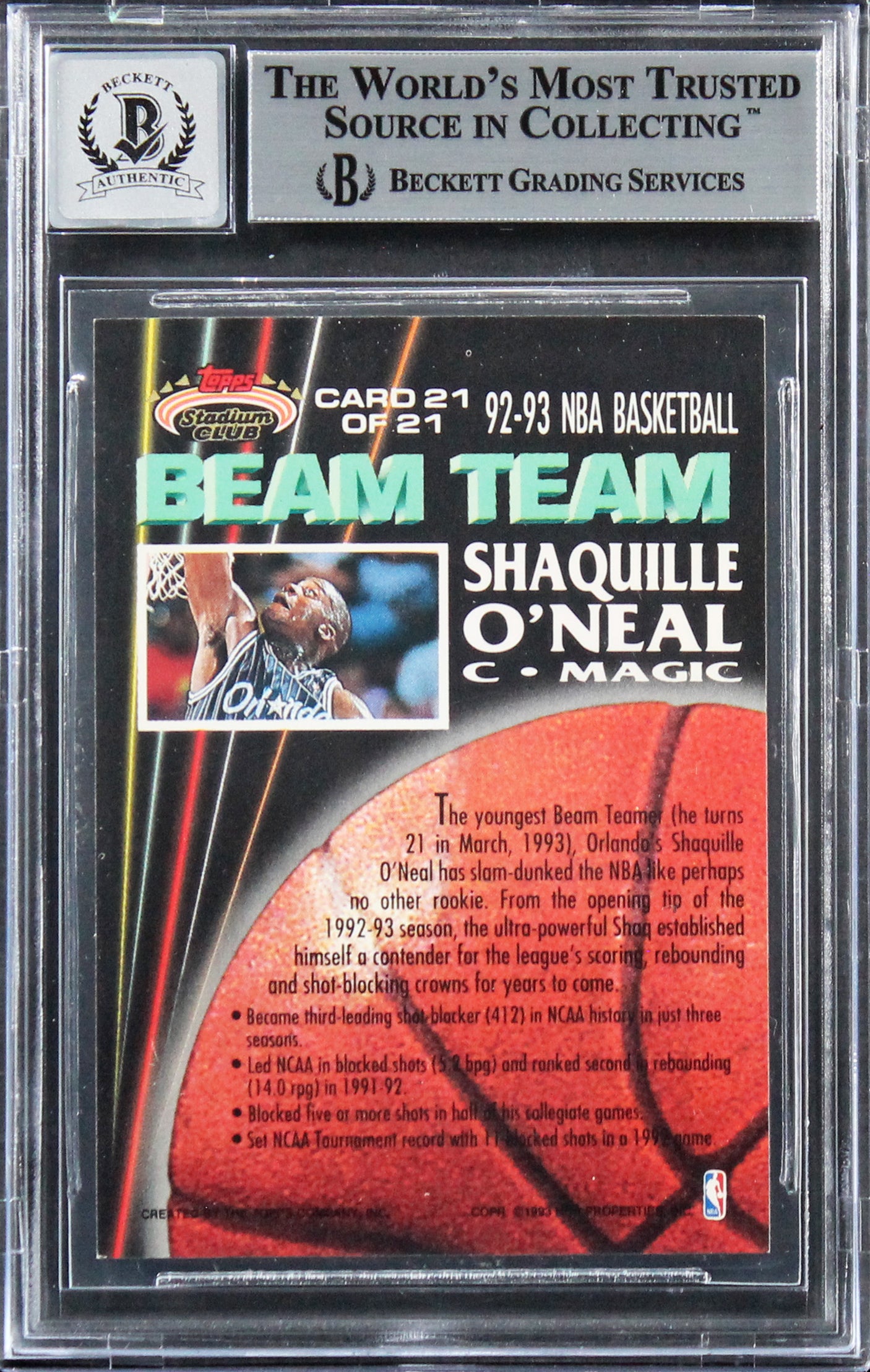 Shaquille O'Neal Signed 1992 Stadium Club Beam Team RC Auto Grade 10 BAS Slab 1