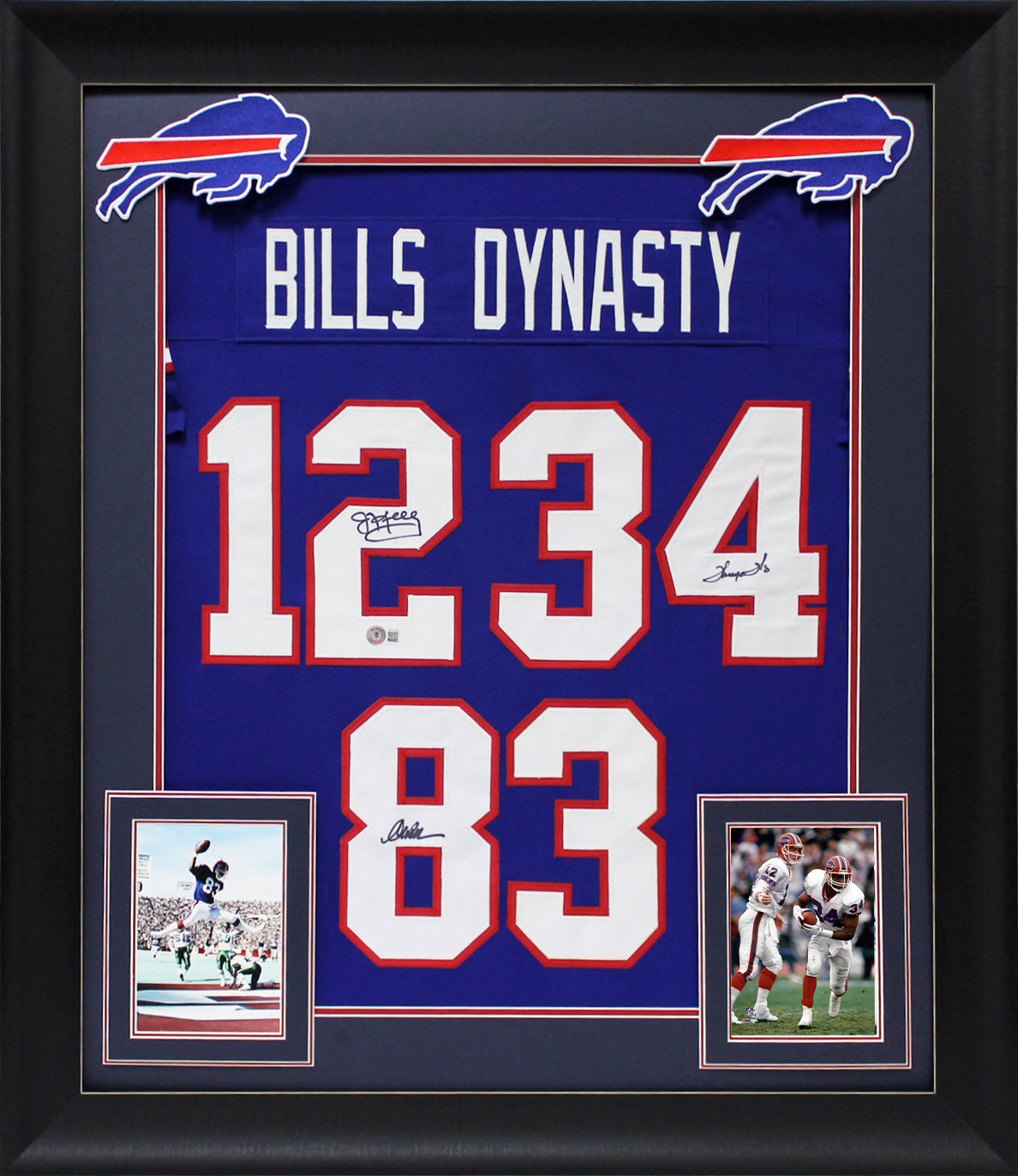 Jim Kelly, Thurman Thomas & Andre Reed Signed Blue Pro Style Framed Jersey BAS W