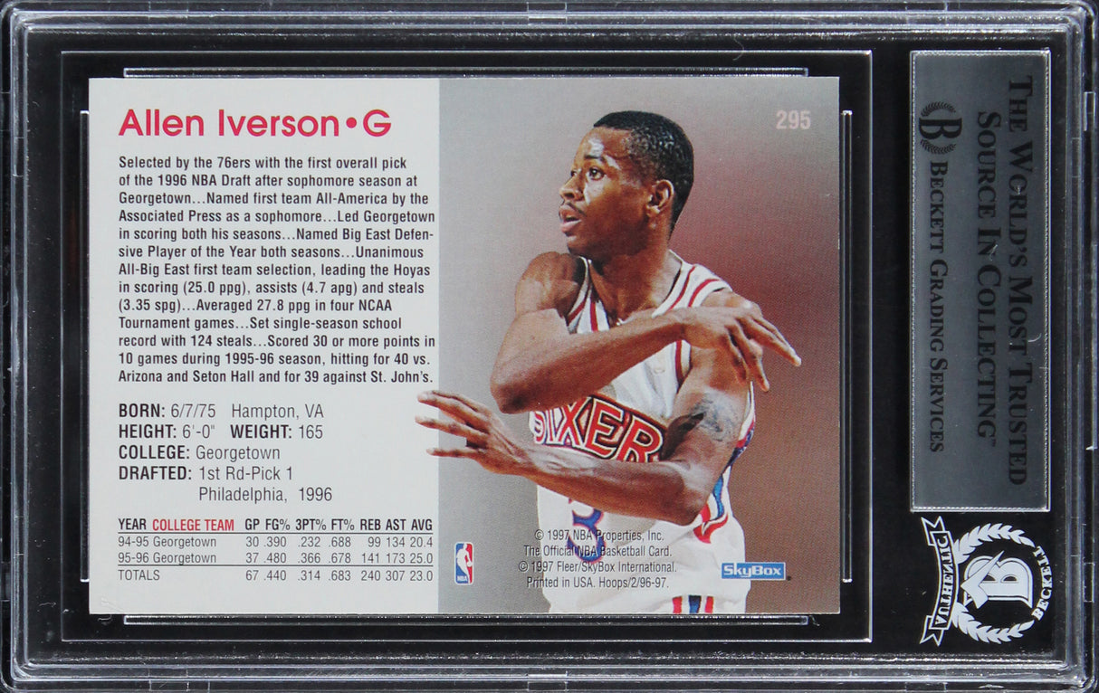 76ers Allen Iverson Authentic Signed 1996 Hoops #295 Rookie Card BAS Slabbed 4