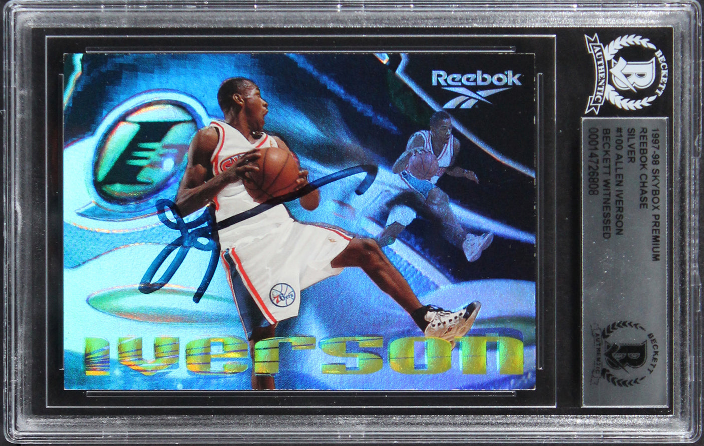 Allen Iverson Signed 1997 Skybox Premium Reebok Chase Silver #100 Card BAS Slab
