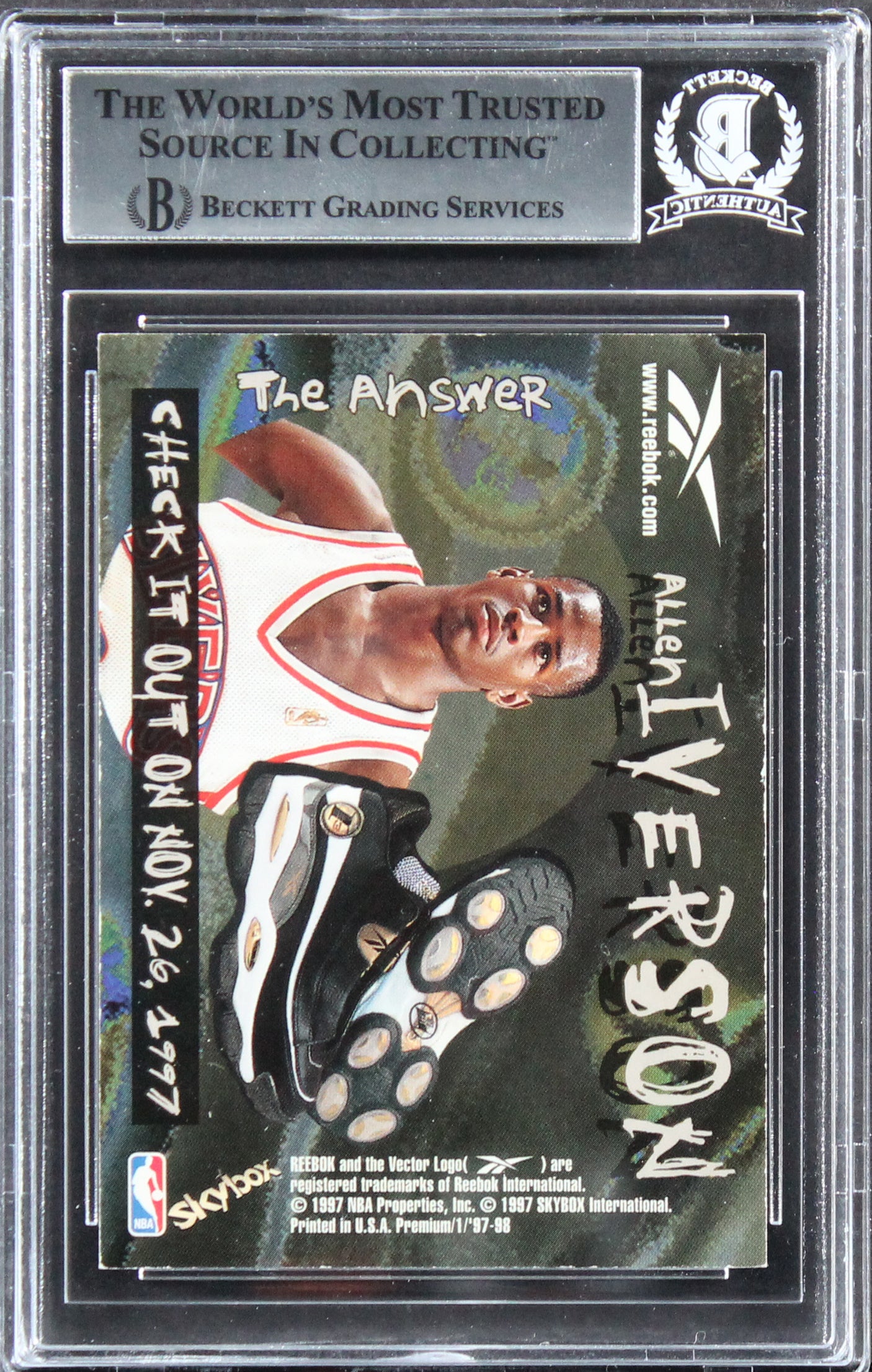 Allen Iverson Signed 1997 Skybox Premium Reebok Chase Silver #100 Card BAS Slab