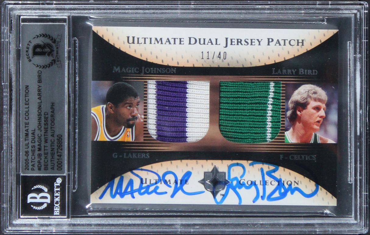 Magic Johnson & Larry Bird Signed 2005 Ultimate Patches DPJB 11/40 Card BAS Slab