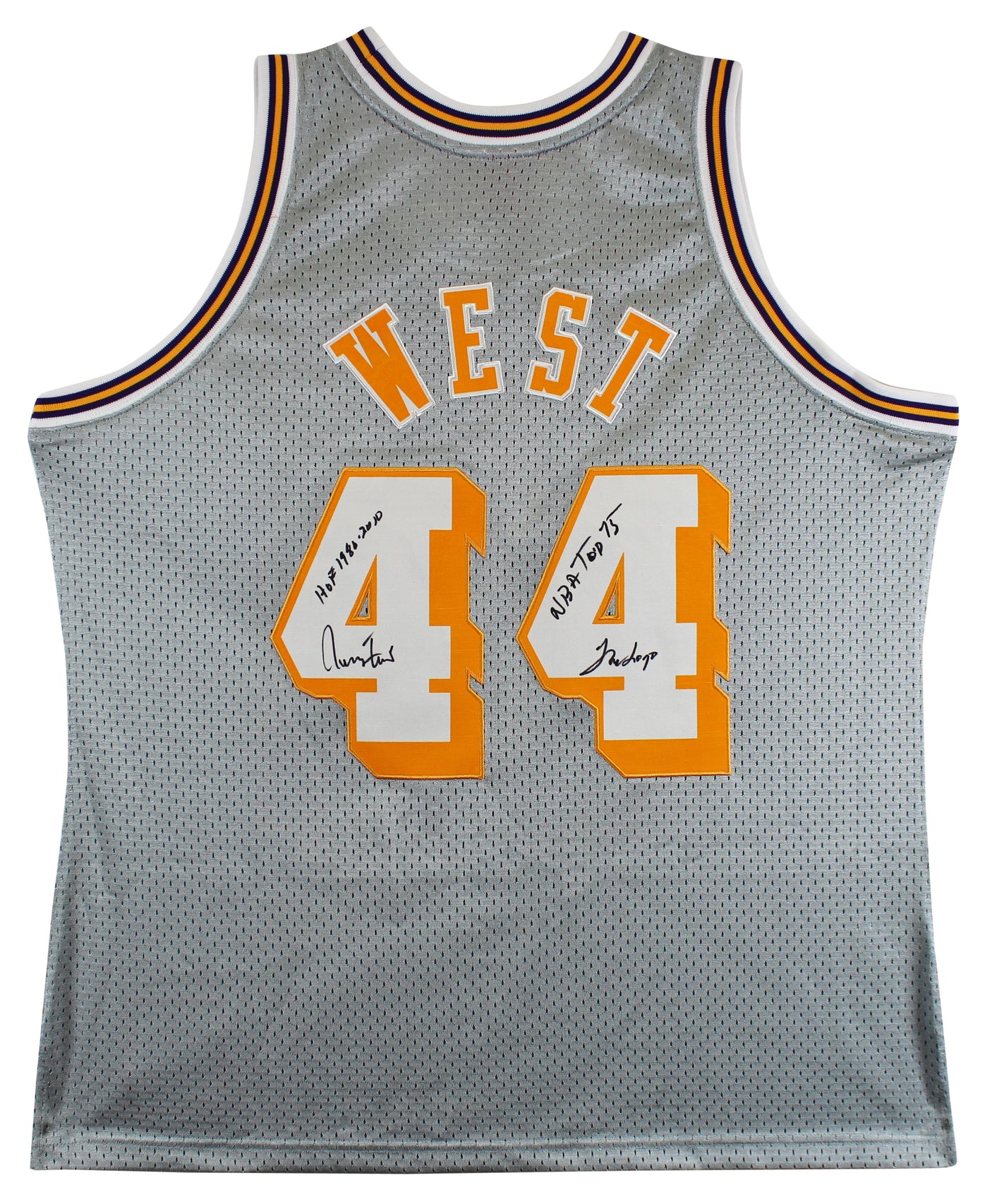 Lakers Jerry West "3x Insc" Signed Grey 75th Ann M&N HWC Swingman Jersey BAS Wit