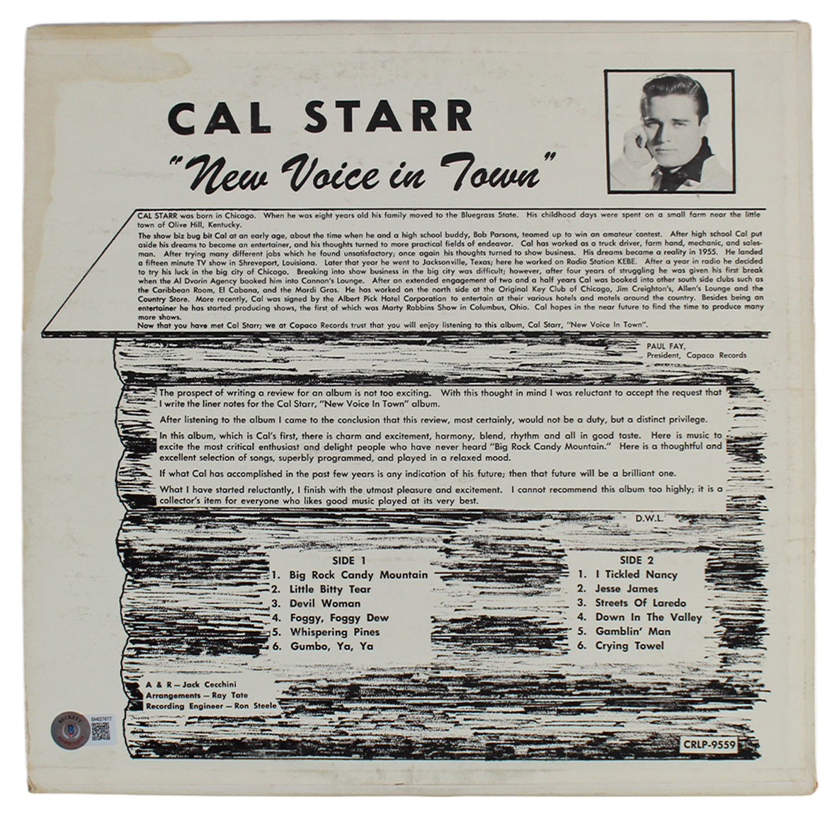 Cal Starr Always Signed New Voice In Town Album Cover W/ Vinyl BAS #BH027677