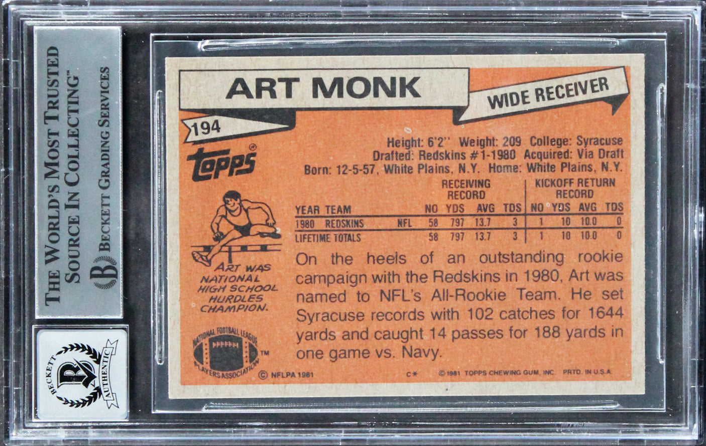 Art Monk "HOF 08" Signed 1981 Topps #194 Rookie Card Auto 10! BAS Slabbed