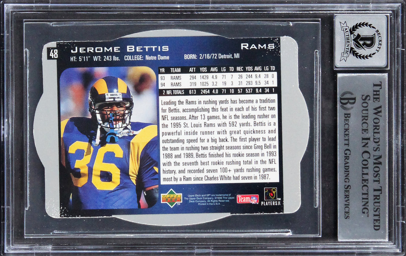 Rams Jerome Bettis Authentic Signed 1996 SPX #48 Card Auto Grade 10! BAS Slabbed