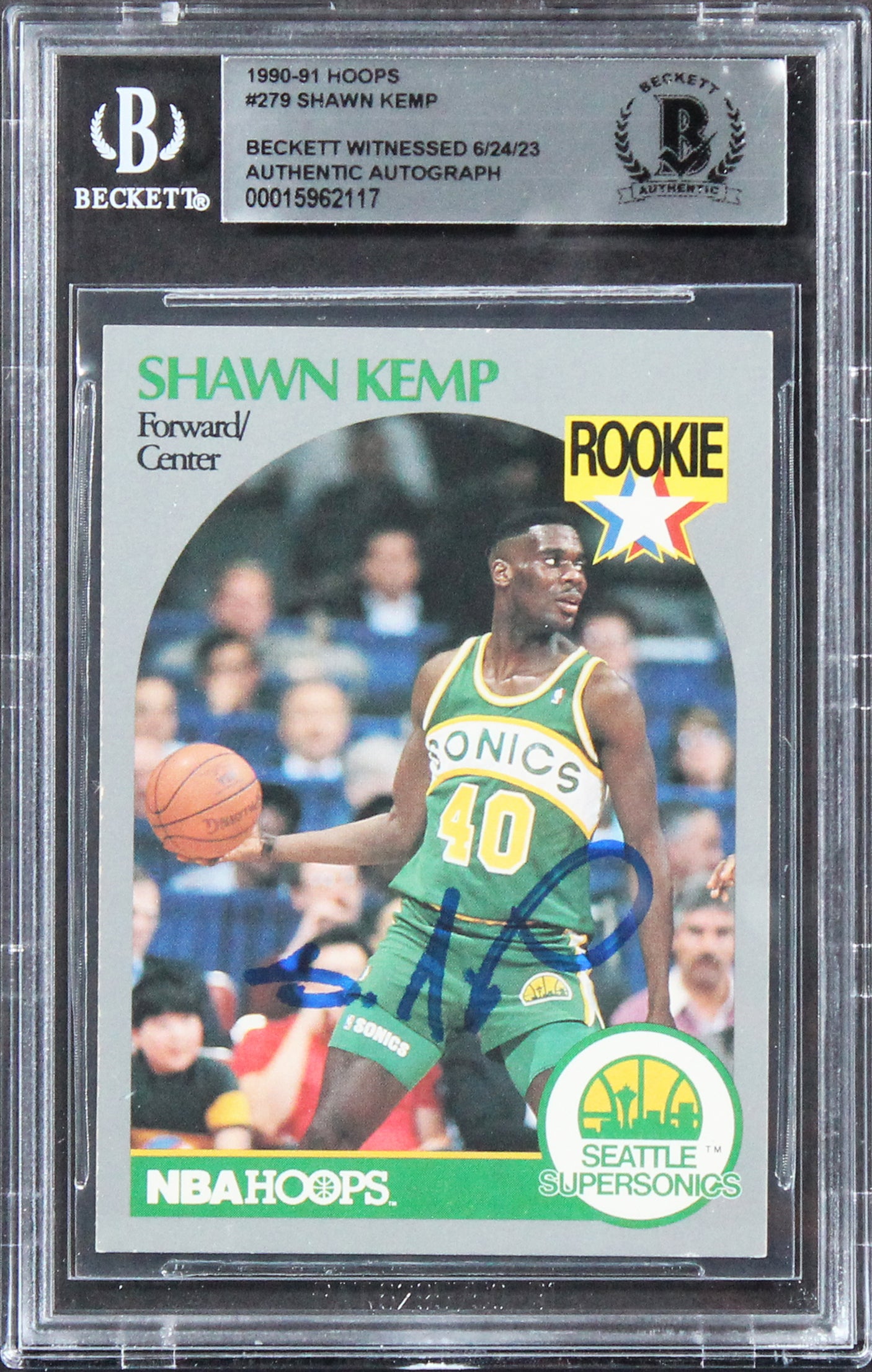 Sonics Shawn Kemp Authentic Signed 1990 Hoops #279 Rookie Card BAS Slabbed