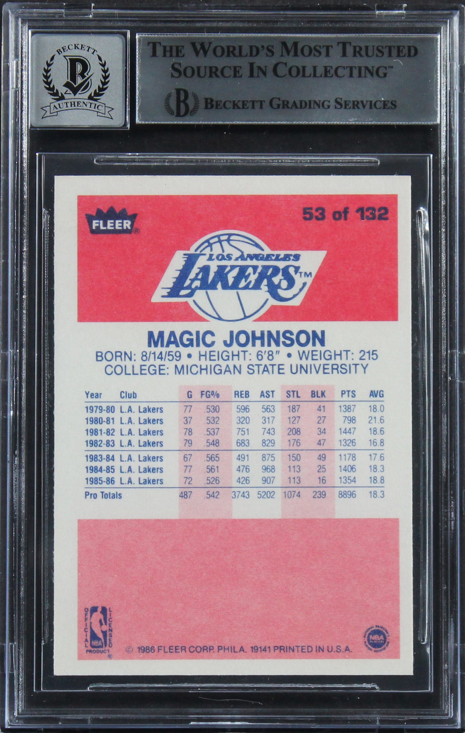 Lakers Magic Johnson Authentic Signed 1986 Fleer #53 Card Auto 10! BAS Slabbed