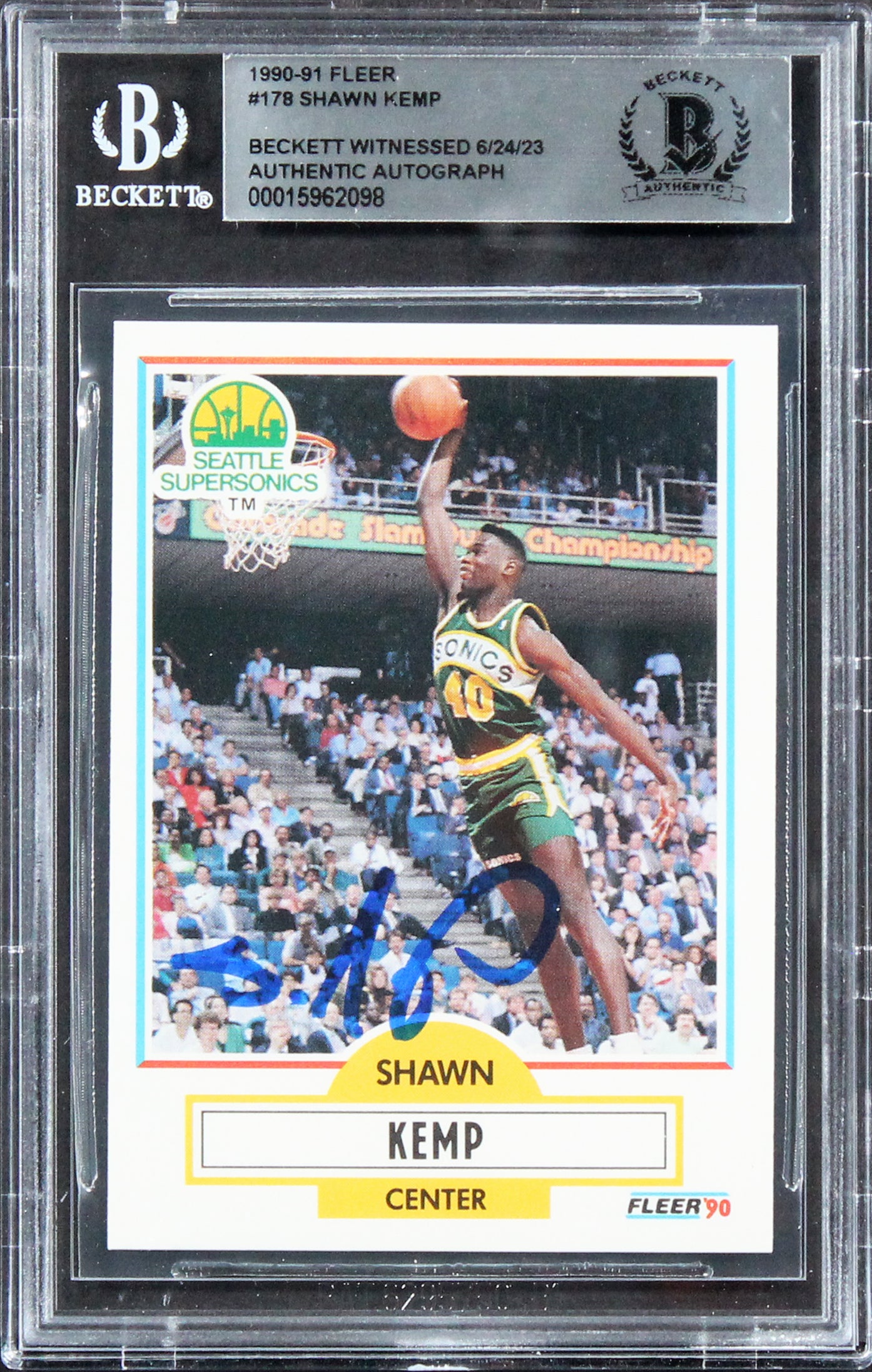 Sonics Shawn Kemp Authentic Signed 1990 Fleer #178 Rookie Card BAS Slabbed