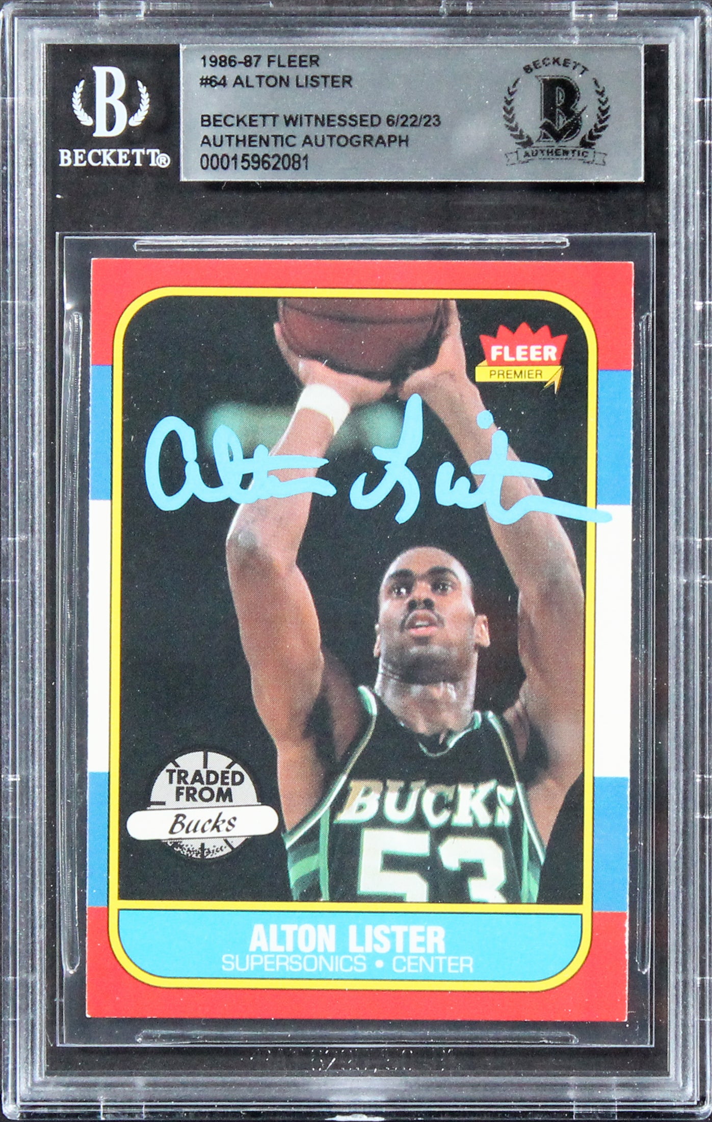 Bucks Alton Lister Authentic Signed 1986 Fleer #64 Card BAS Slabbed Rare!