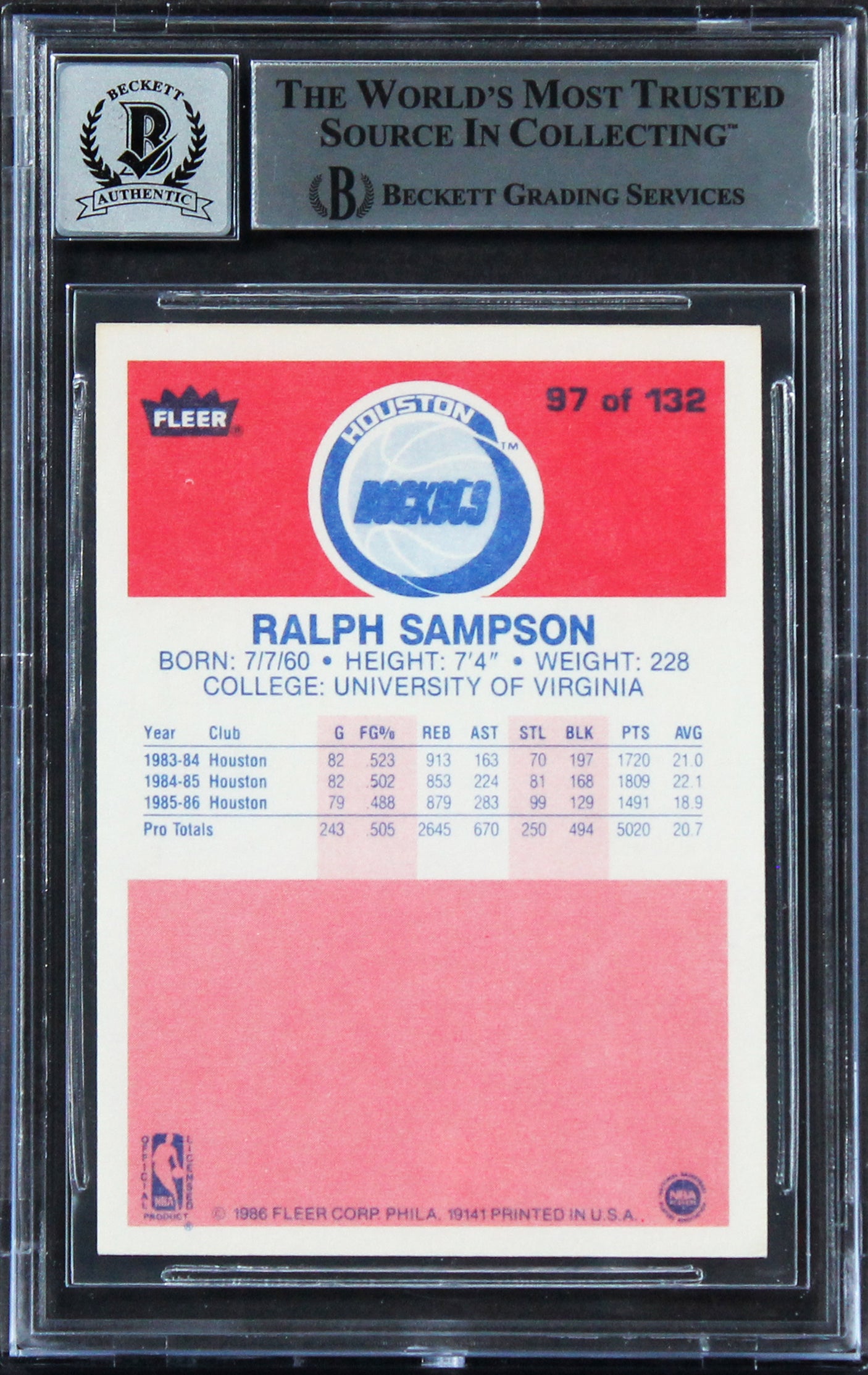 Rockets Ralph Sampson "HOF 12" Signed 1986 Fleer #97 Card Auto 10! BAS Slabbed