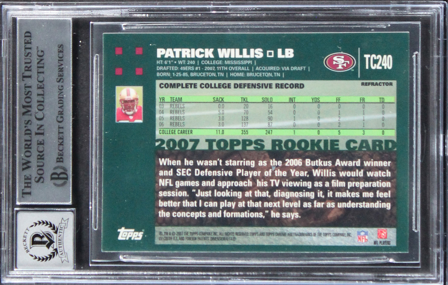 Patrick Willis Signed 2007 Topps Chrome Refractors #TC240 Card Auto 10 BAS Slab