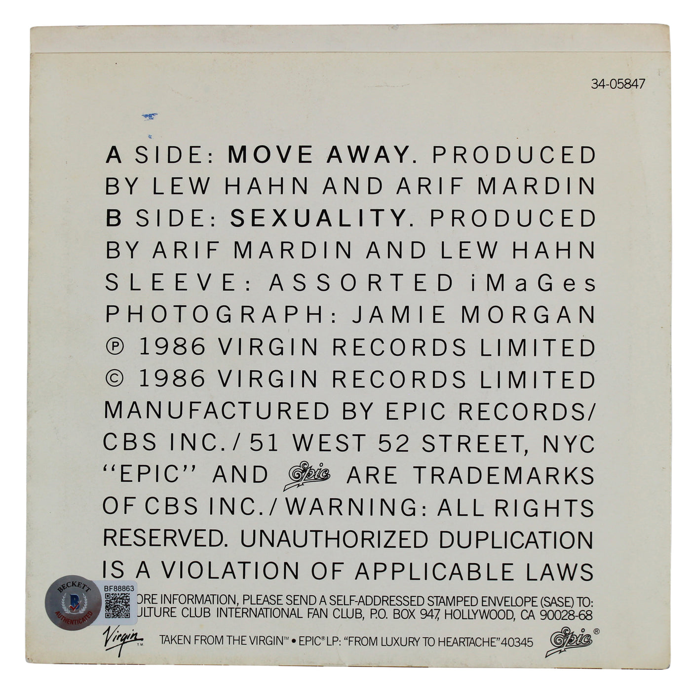 Mikey Craig & Roy Hay Culture Club Signed Move Away 45 RPM Album Cover BAS