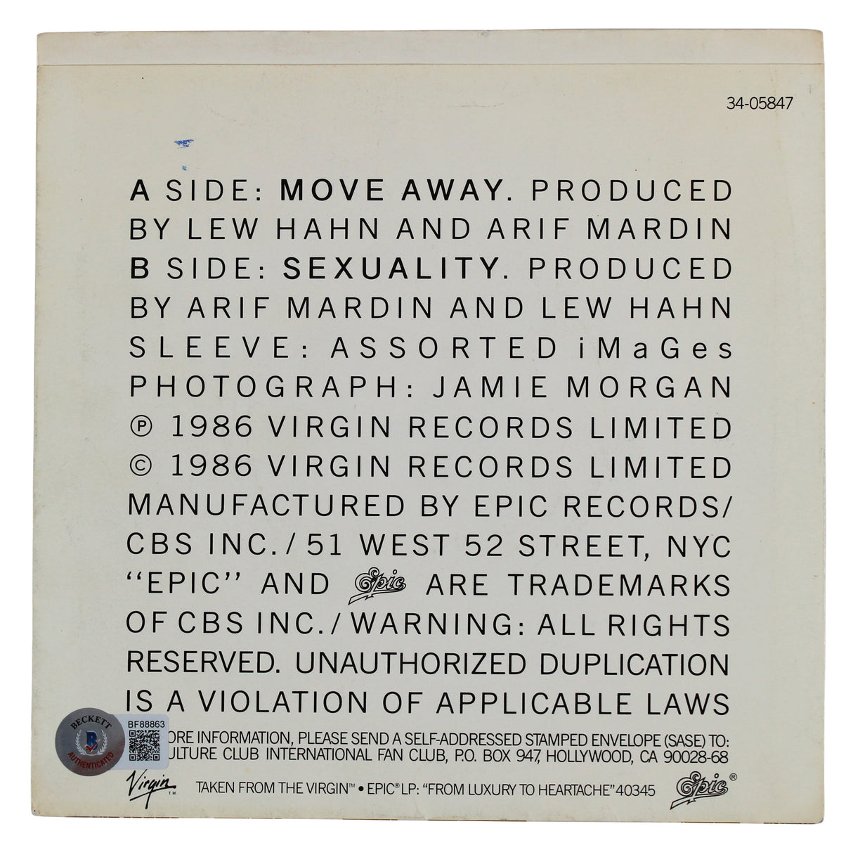 Mikey Craig & Roy Hay Culture Club Signed Move Away 45 RPM Album Cover BAS