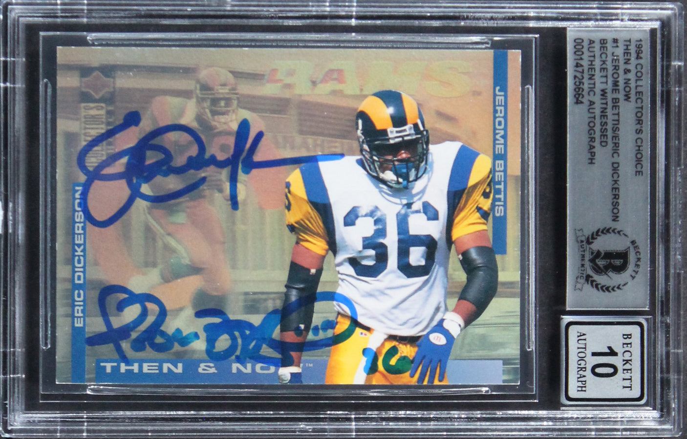 Jerome Bettis & Eric Dickerson Signed 1994 CC T&N #1 Card Auto 10! BAS Slabbed