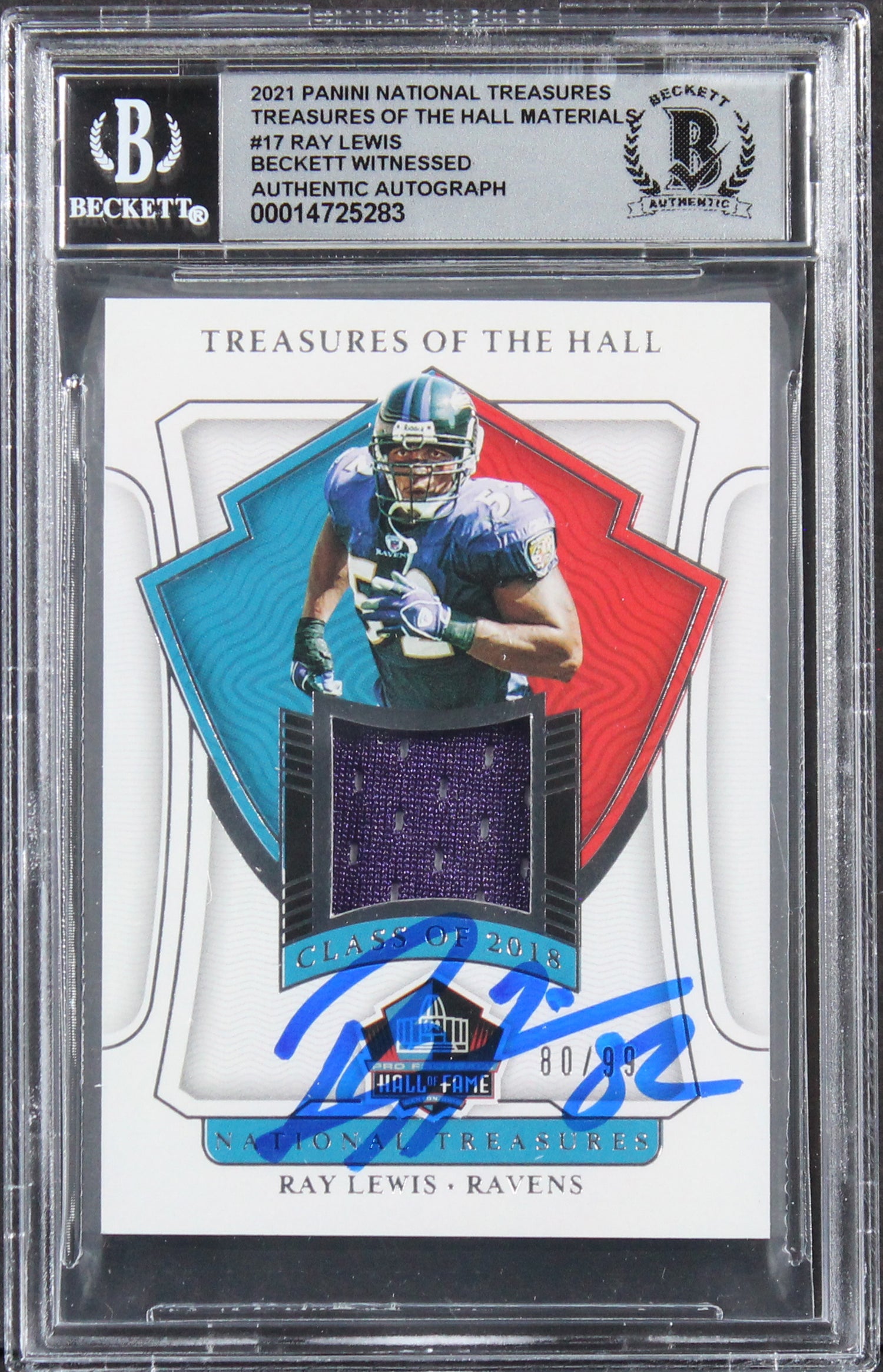 Ray Lewis Signed 2021 Panini National Treasures #17 #80/99 Card Auto 10 BAS Slab