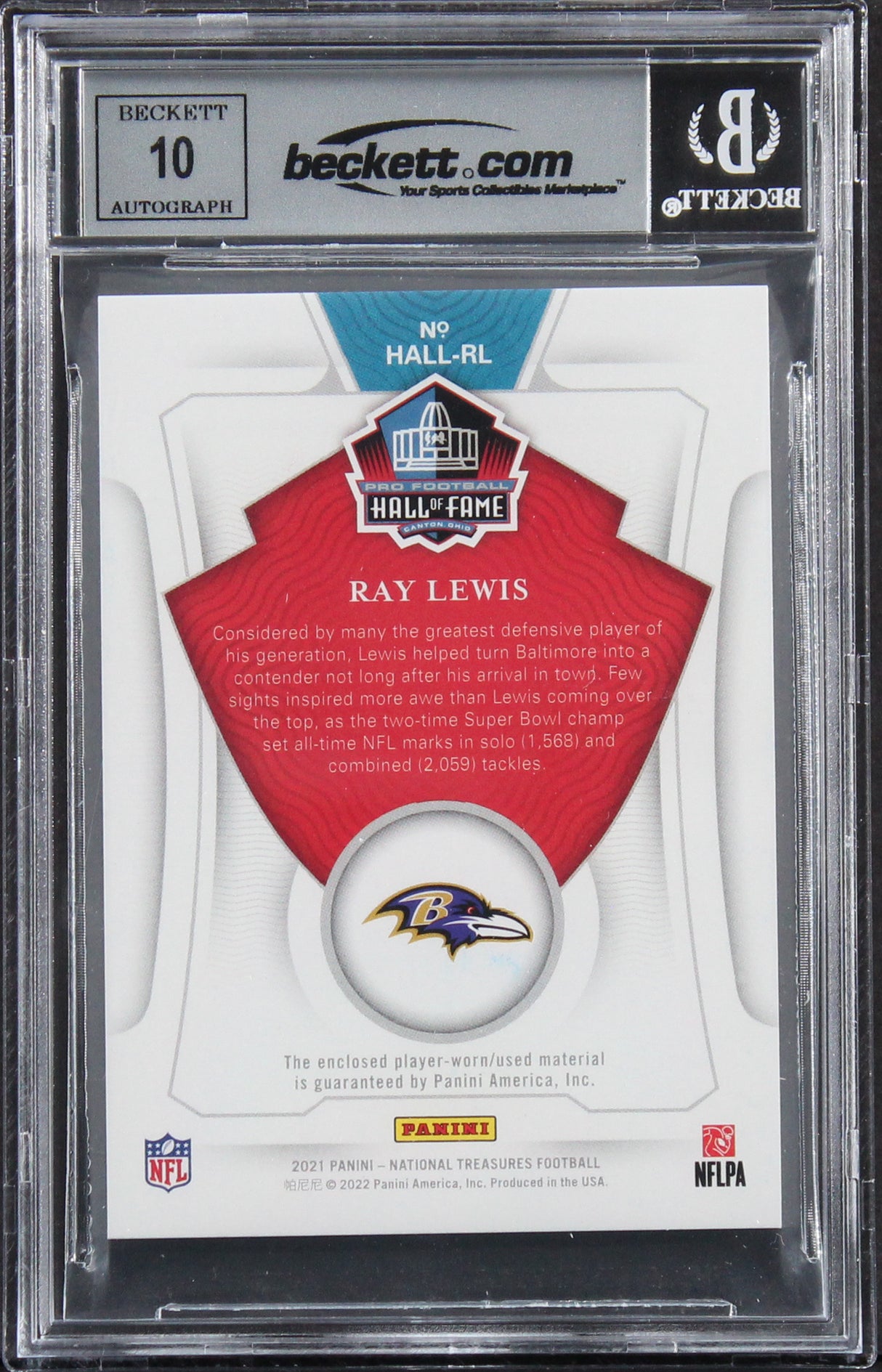 Ray Lewis Signed 2021 Panini National Treasures #17 #80/99 Card Auto 10 BAS Slab