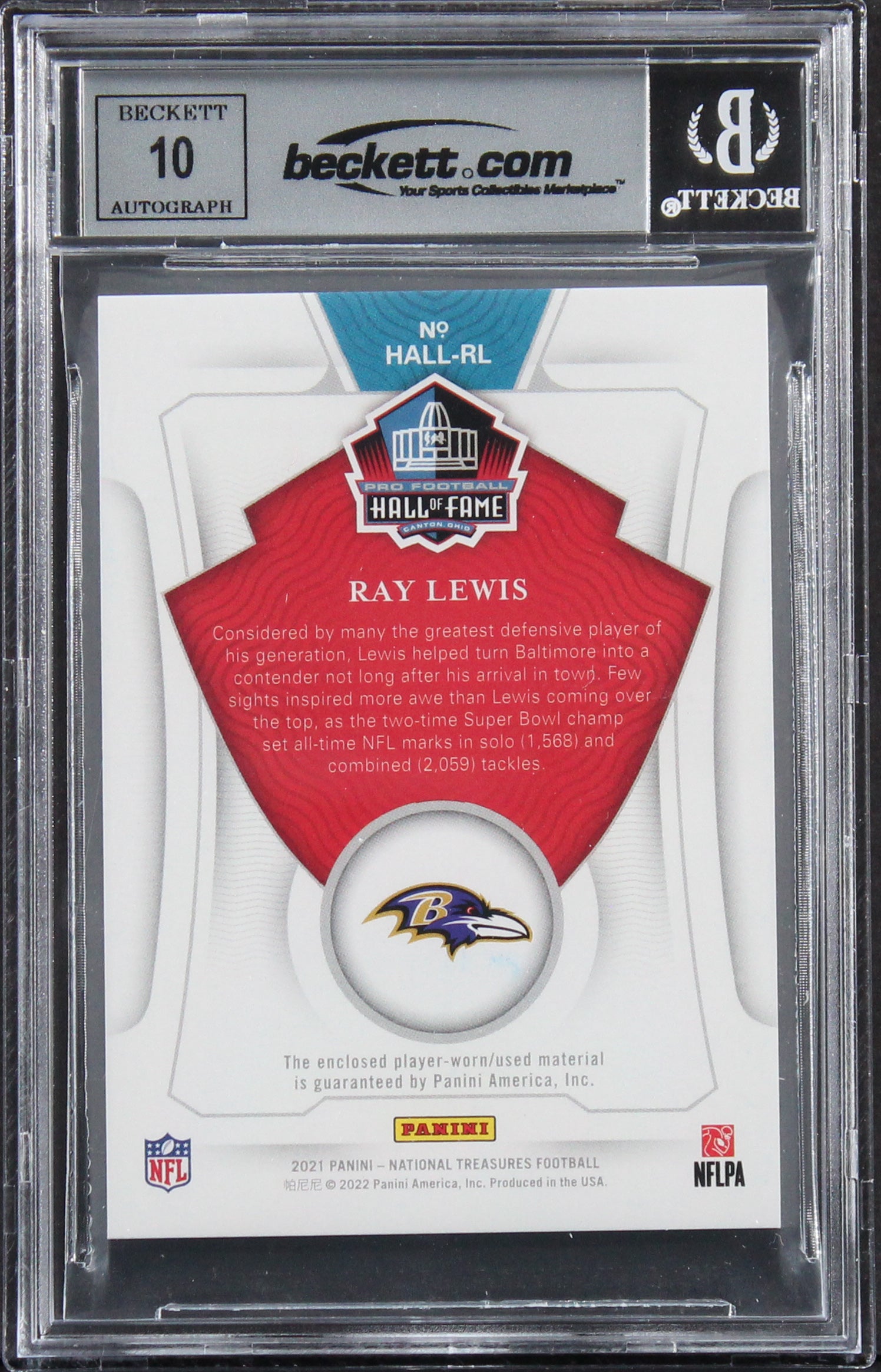 Ray Lewis Signed 2021 Panini National Treasures #17 #80/99 Card Auto 10 BAS Slab