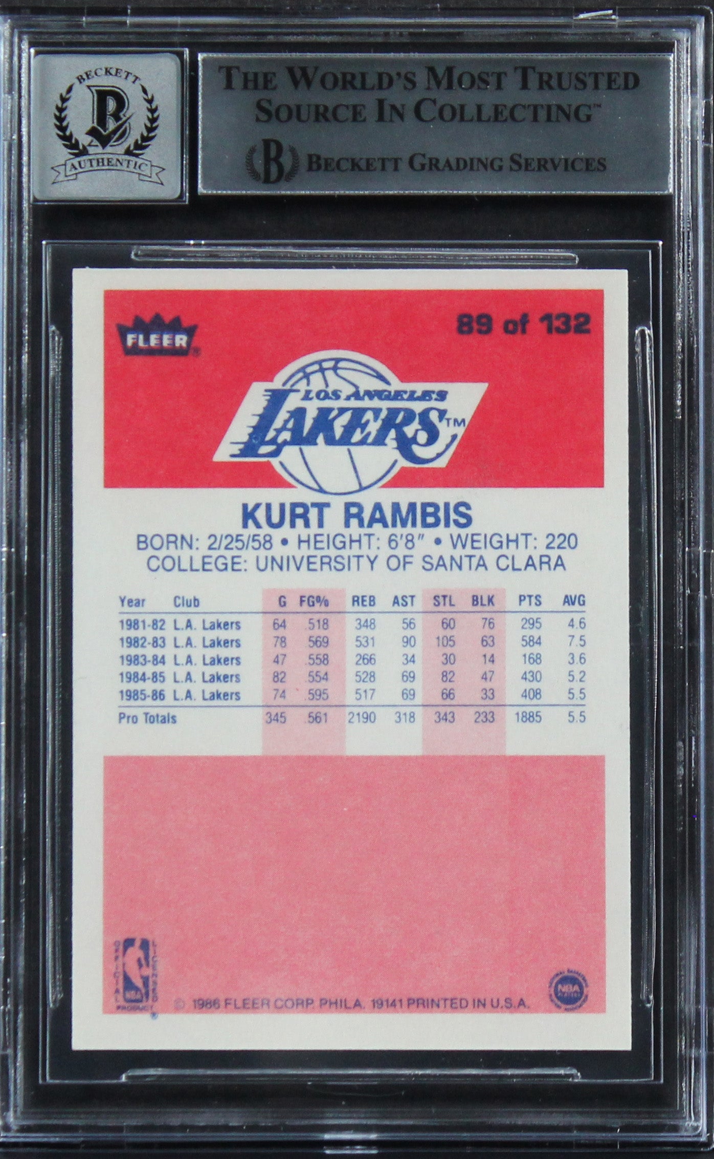 Lakers Kurt Rambis "Showtime" Signed 1986 Fleer #89 Card Auto 10! BAS Slabbed