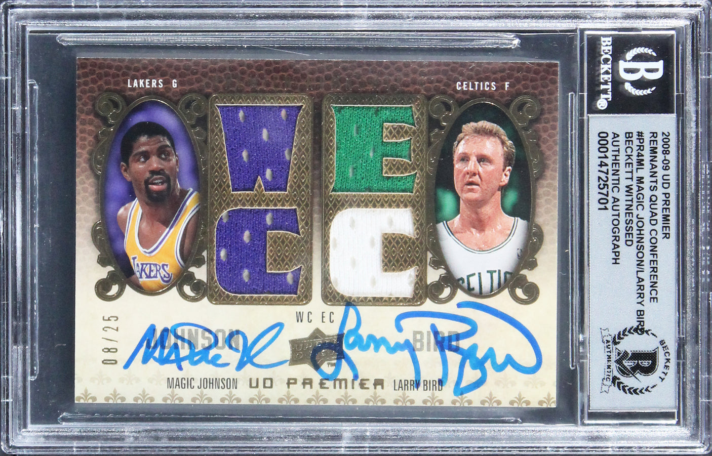 Magic Johnson & Larry Bird Signed 2008 UD PRQC #PR4ML 8/25 Card Auto 10 BAS Slab