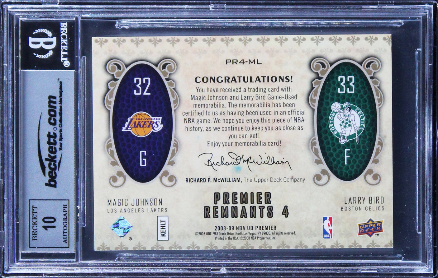 Magic Johnson & Larry Bird Signed 2008 UD PRQC #PR4ML 8/25 Card Auto 10 BAS Slab