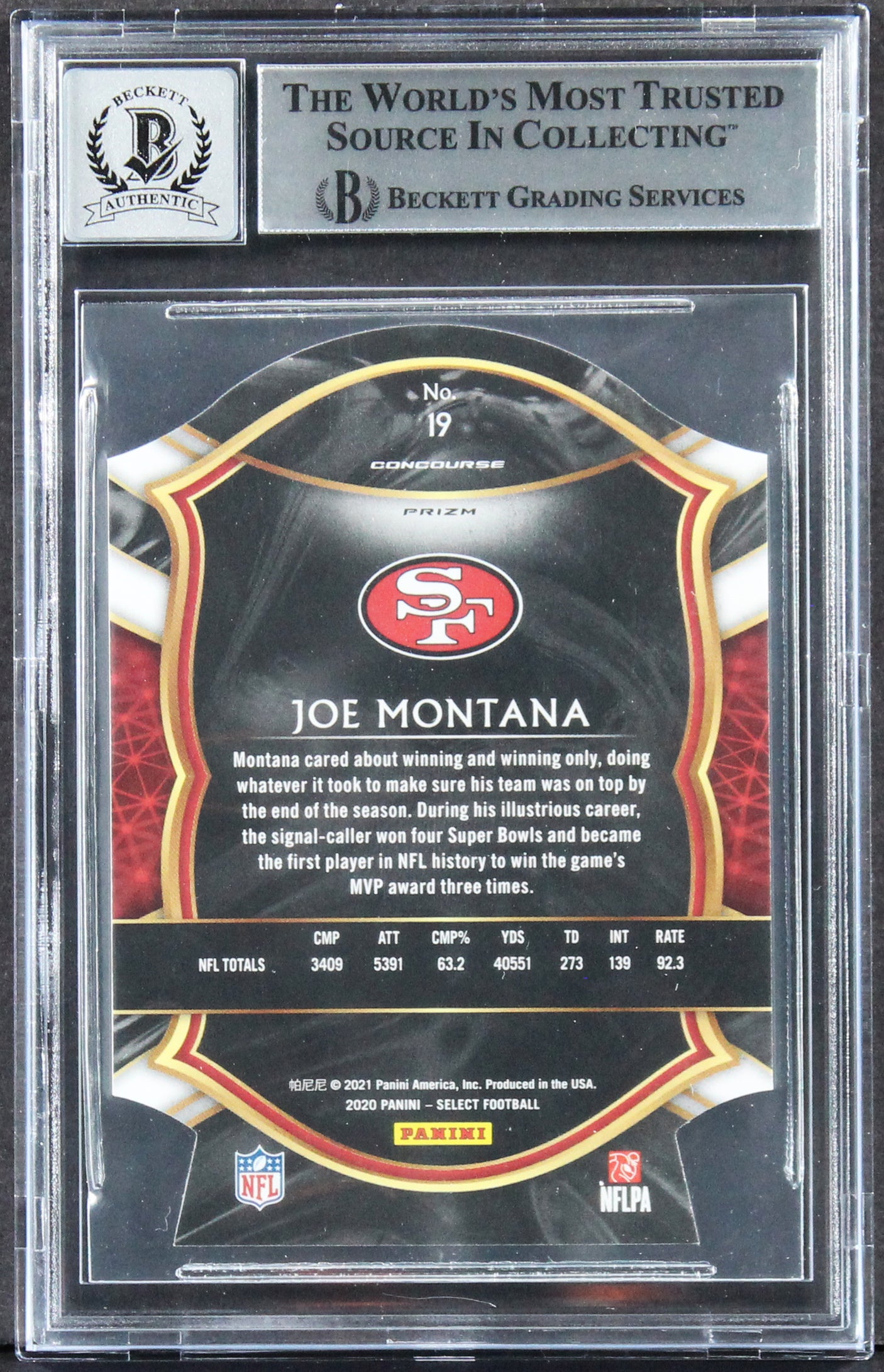 Joe Montana Signed 2020 Select Prizm Purple Die Cut #19 Card Auto 10! BAS Slab