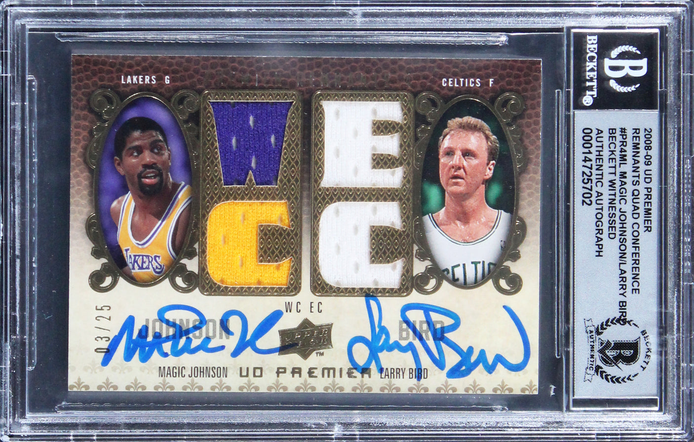 Magic Johnson & Larry Bird Signed 2008 UD PRQC #PR4ML 3/25 Card Auto 10 BAS Slab