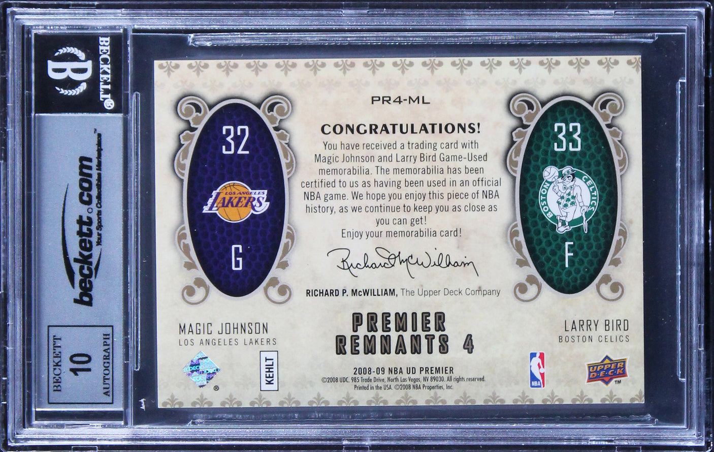 Magic Johnson & Larry Bird Signed 2008 UD PRQC #PR4ML 3/25 Card Auto 10 BAS Slab