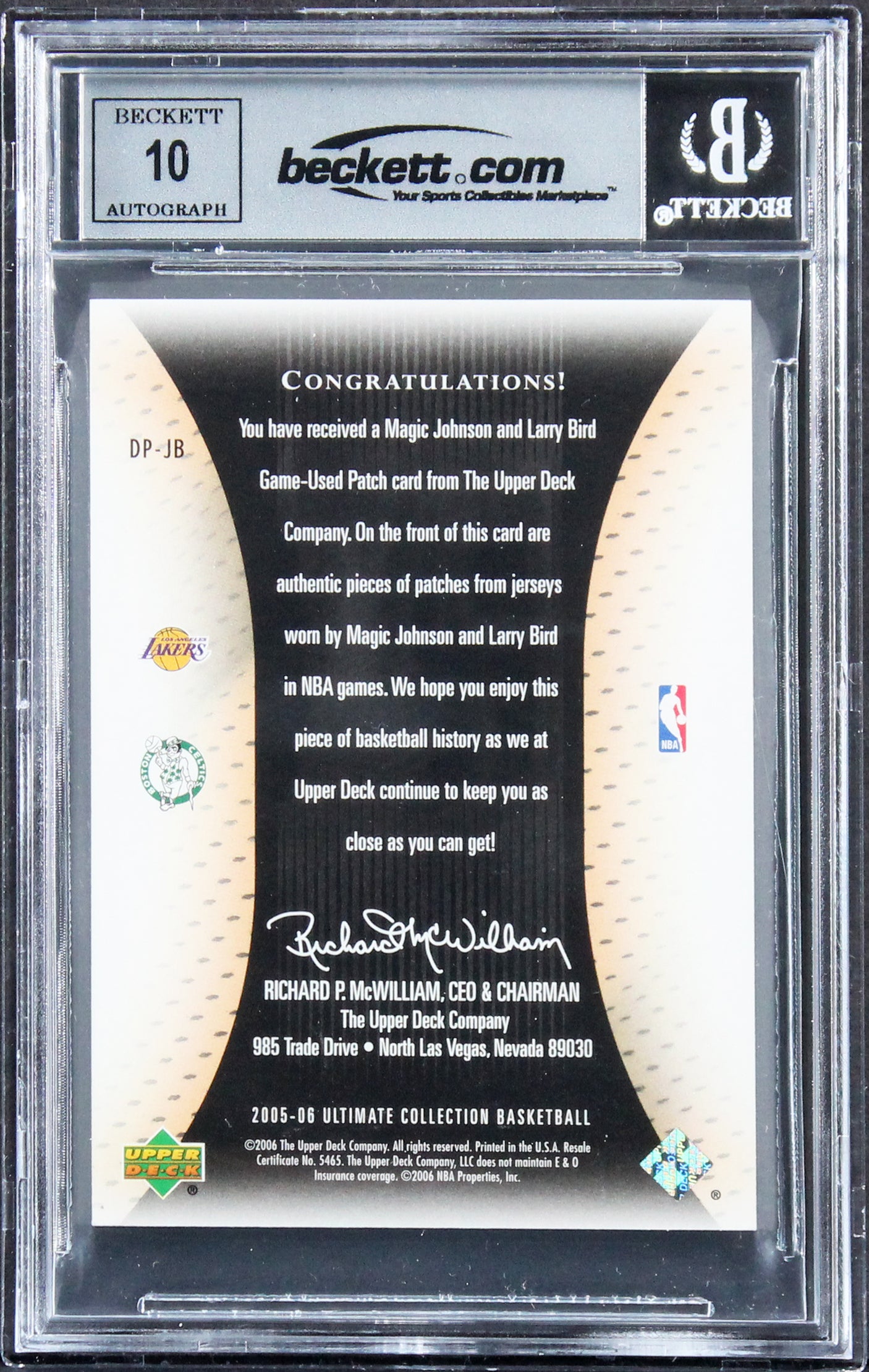 Magic Johnson & Larry Bird Signed 2005 Ultimate Patches DPJB 38/40 Card BAS Slab
