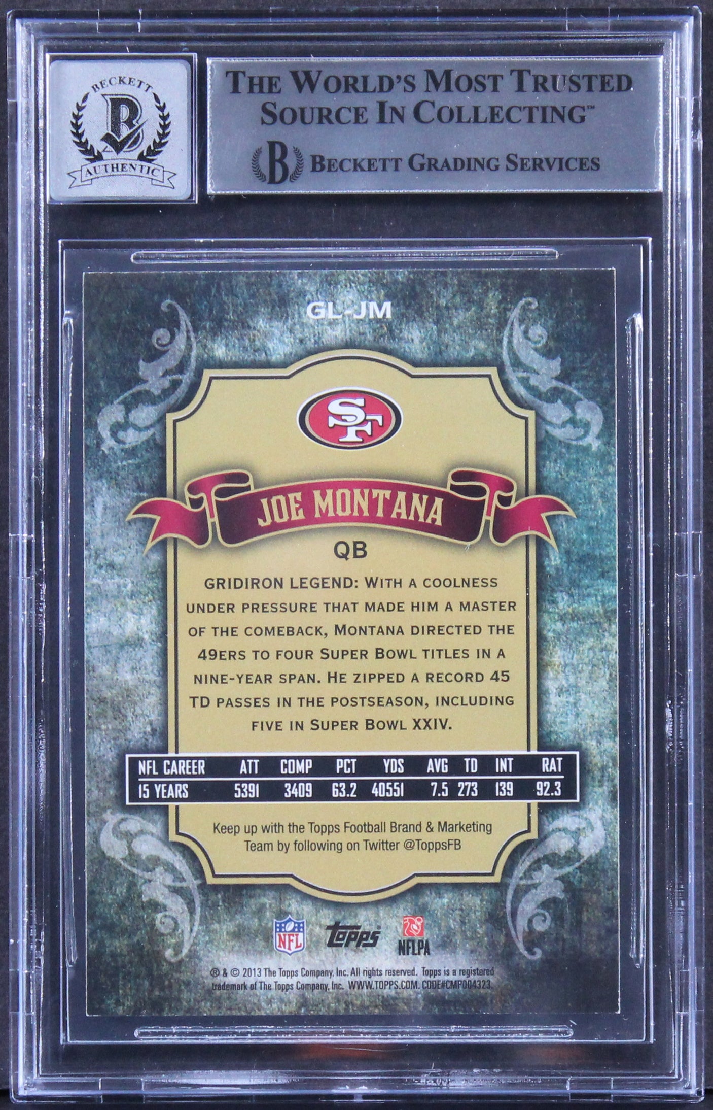 49ers Joe Montana Signed 2013 Topps Gridiron Legends #GLJM Card Auto 10 BAS Slab
