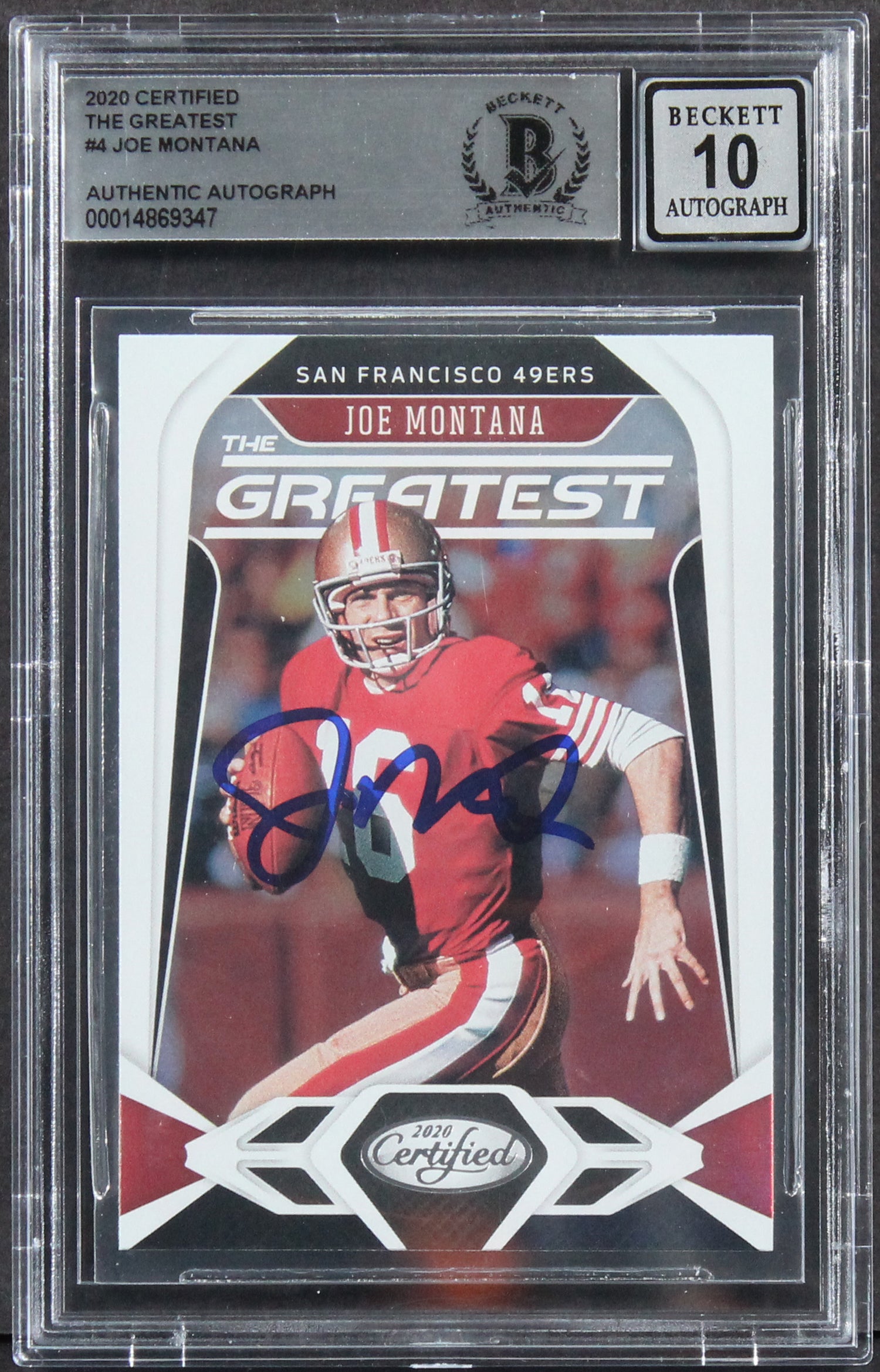49ers Joe Montana Signed 2020 Certified The Greatest #4 Card Auto 10 BAS Slabbed