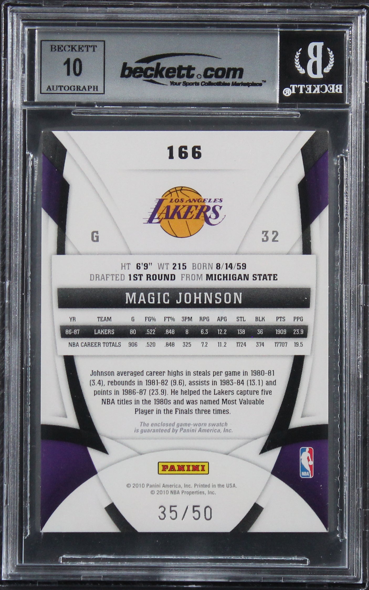 Magic Johnson Signed 2009 Certified Mirror Blue #166 35/50 Card Auto 10 BAS Slab