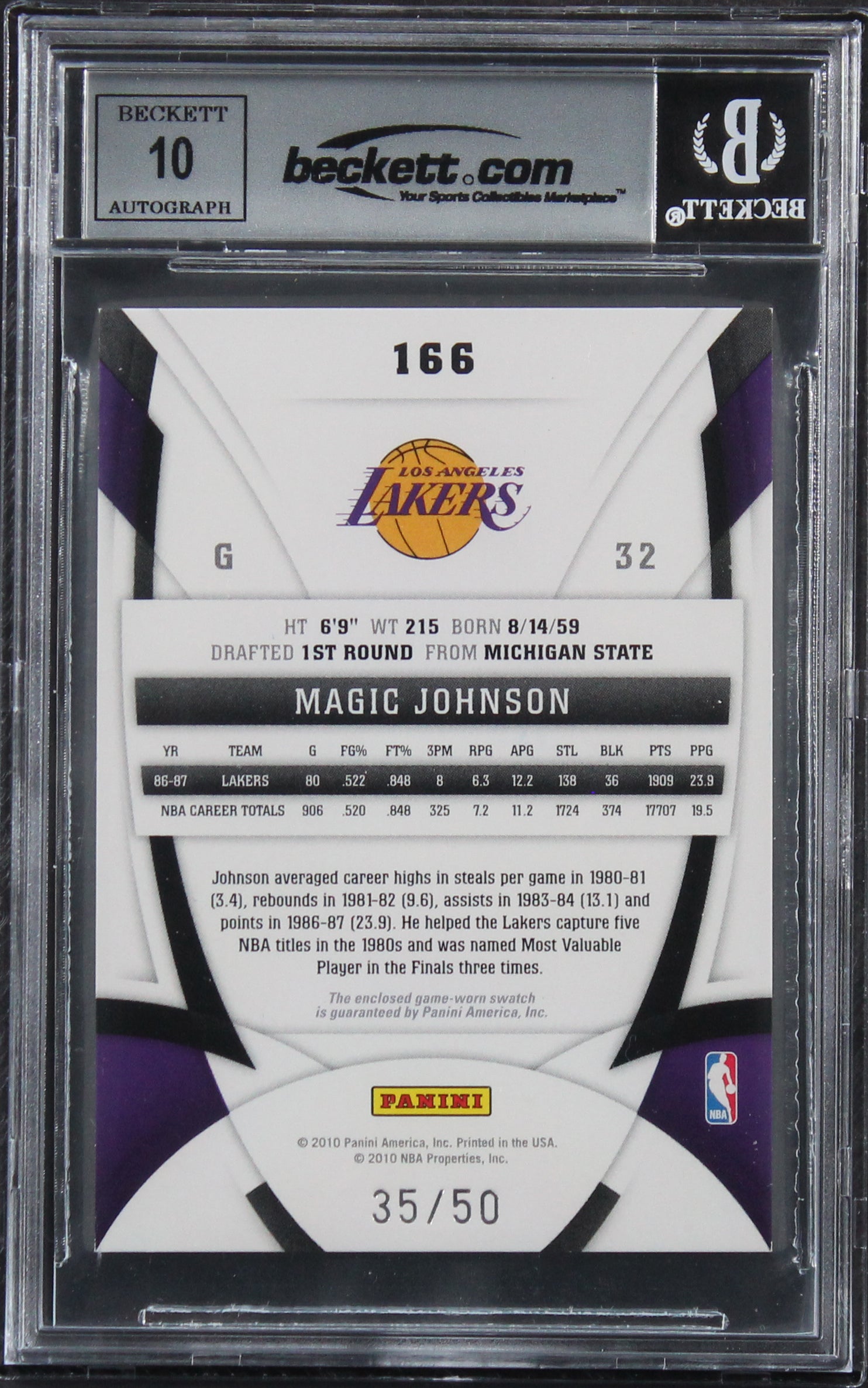 Magic Johnson Signed 2009 Certified Mirror Blue #166 35/50 Card Auto 10 BAS Slab