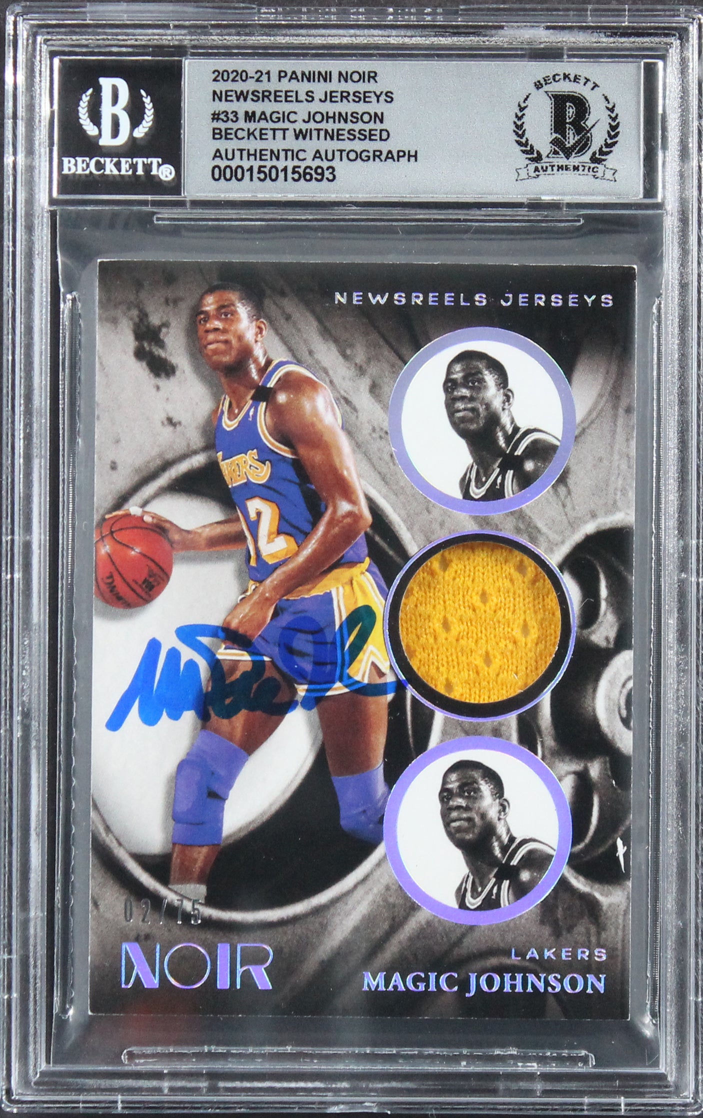 Magic Johnson Signed 2020 Panini Noir Newsreels #33 2/75 Card Auto 10! BAS Slab