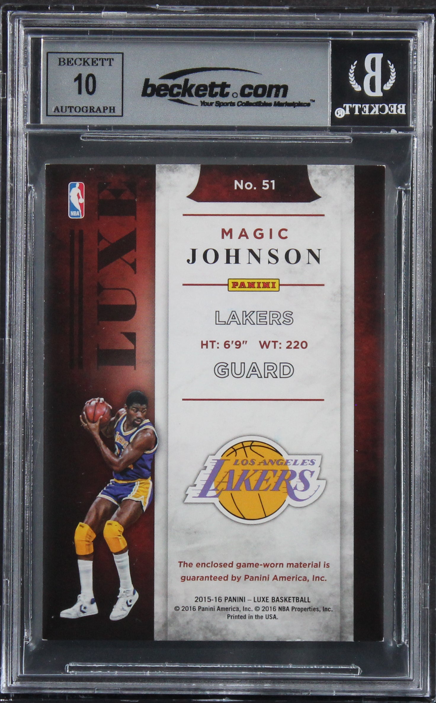Magic Johnson Signed 2015 Panini Luxe Mem #51 #19/49 Card Auto10! BAS Slabbed